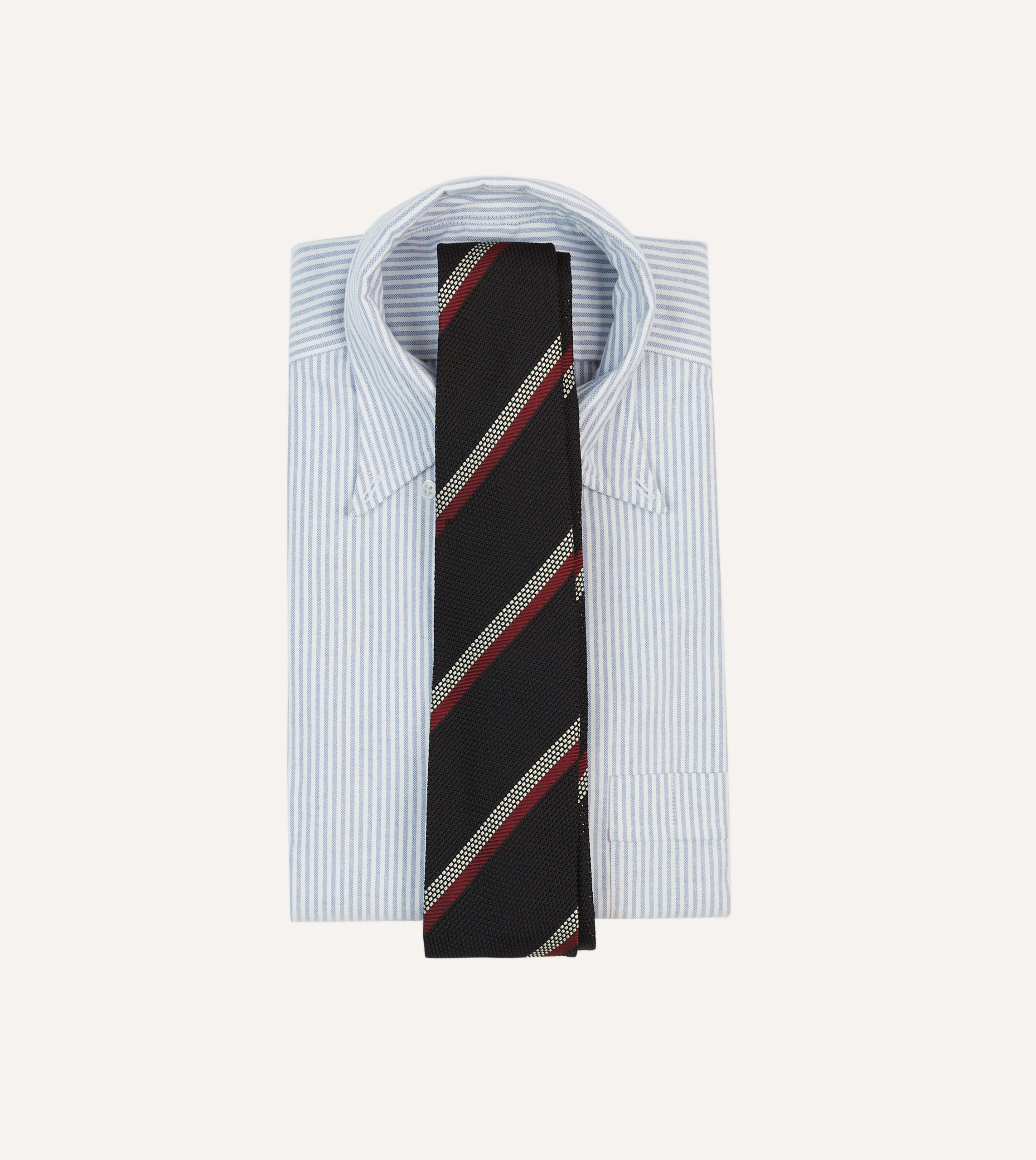 Black. White and Red Stripe Hand Rolled Silk Grenadine Tie - Image 2