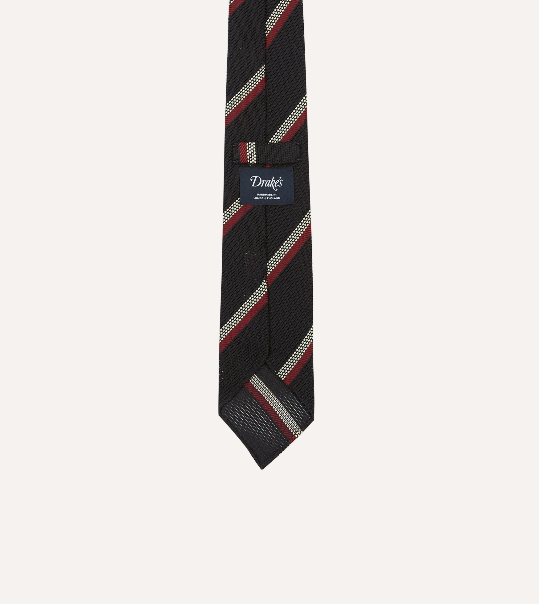 Black. White and Red Stripe Hand Rolled Silk Grenadine Tie - Image 4