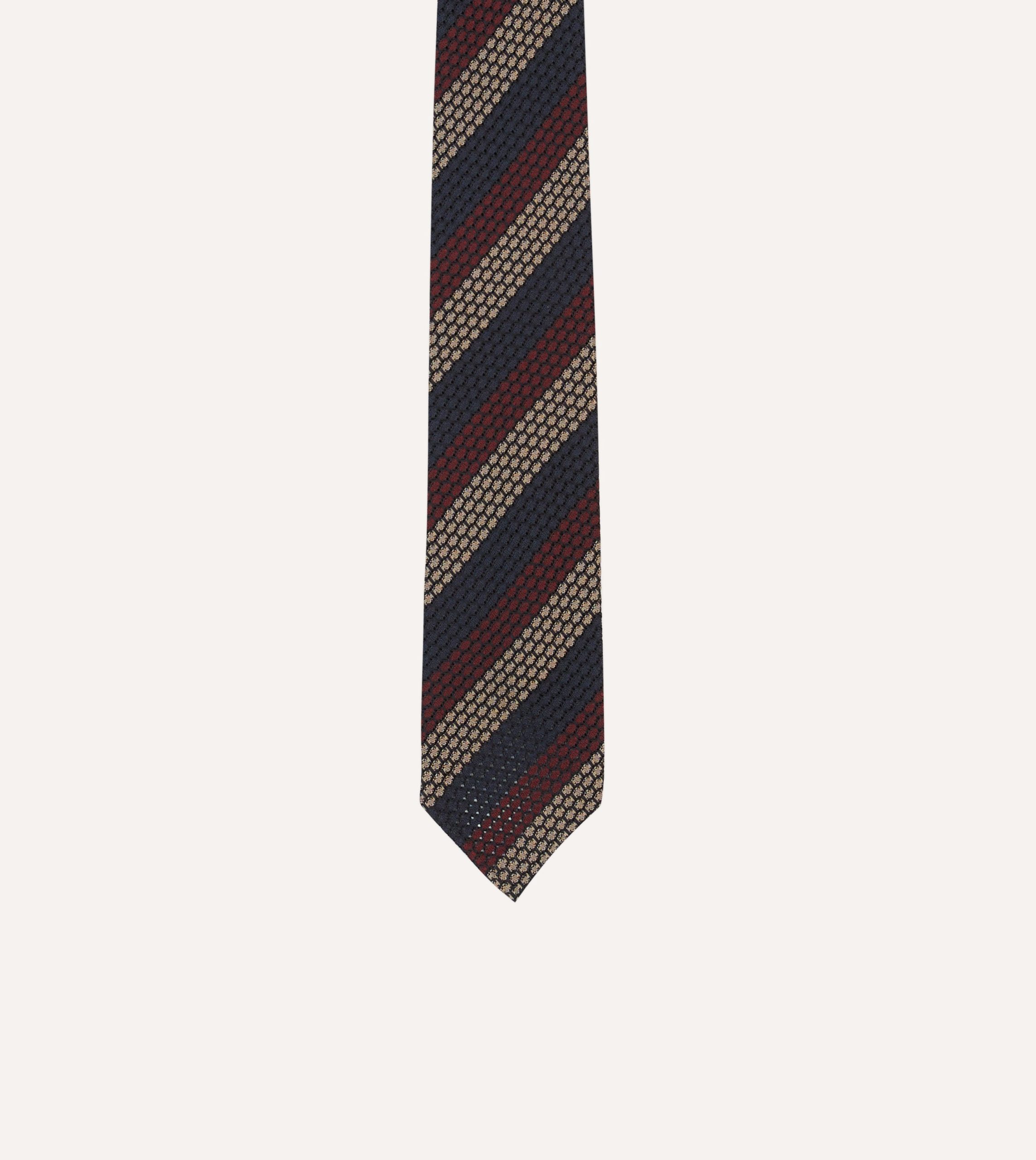 Navy. Red and Gold Block Stripe Hand Rolled Silk Grenadine Tie - Image 3