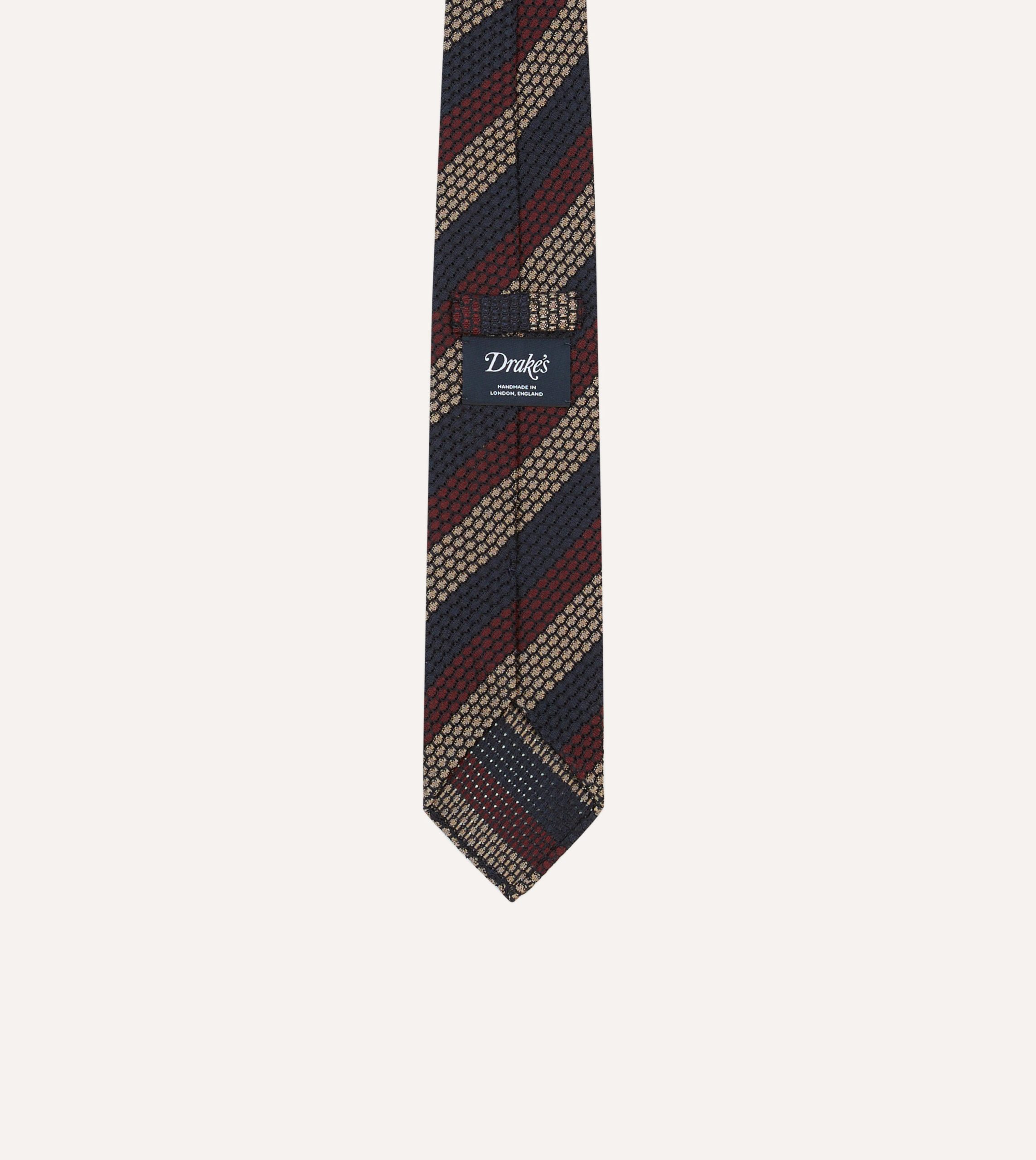 Navy. Red and Gold Block Stripe Hand Rolled Silk Grenadine Tie - Image 4