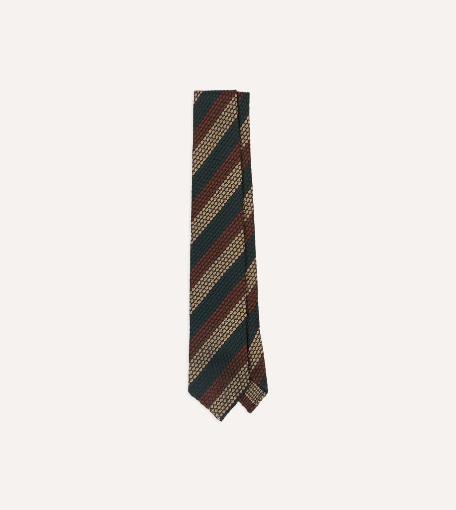 Green. Red and Gold Block Stripe Hand Rolled Silk Grenadine Tie
