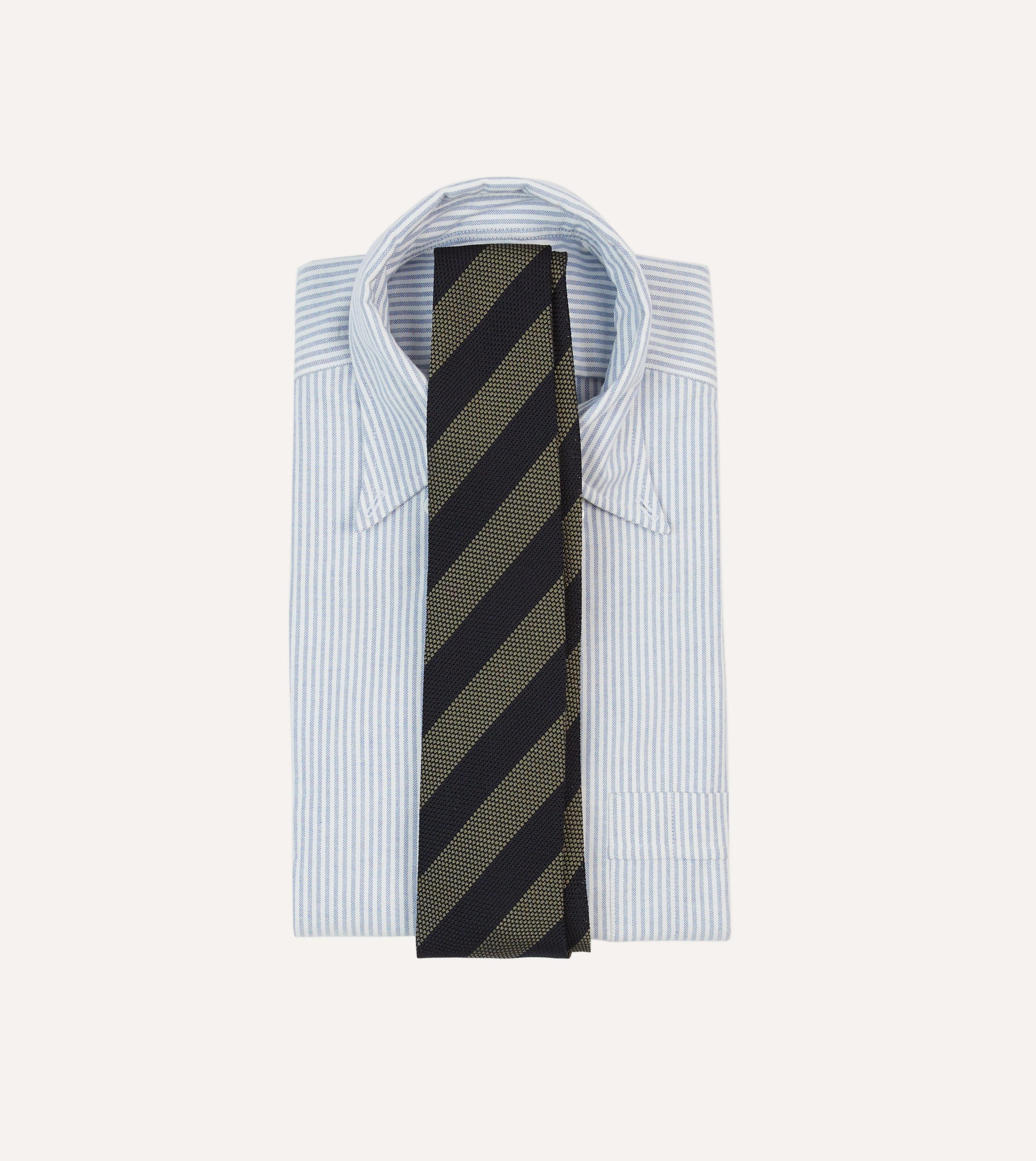Khaki and Navy Block Stripe Hand Rolled Silk Grenadine Tie - Image 2