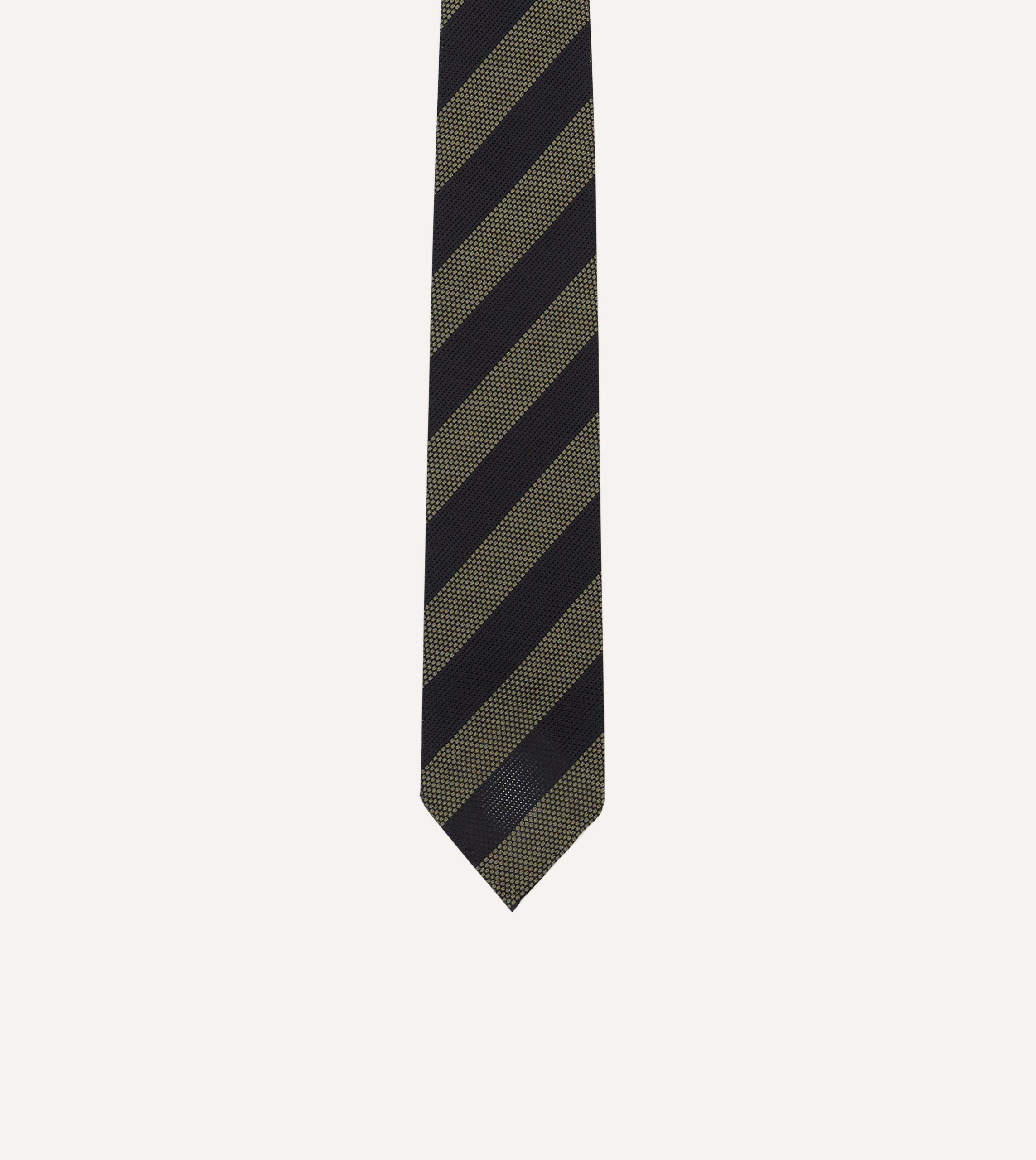 Khaki and Navy Block Stripe Hand Rolled Silk Grenadine Tie - Image 3