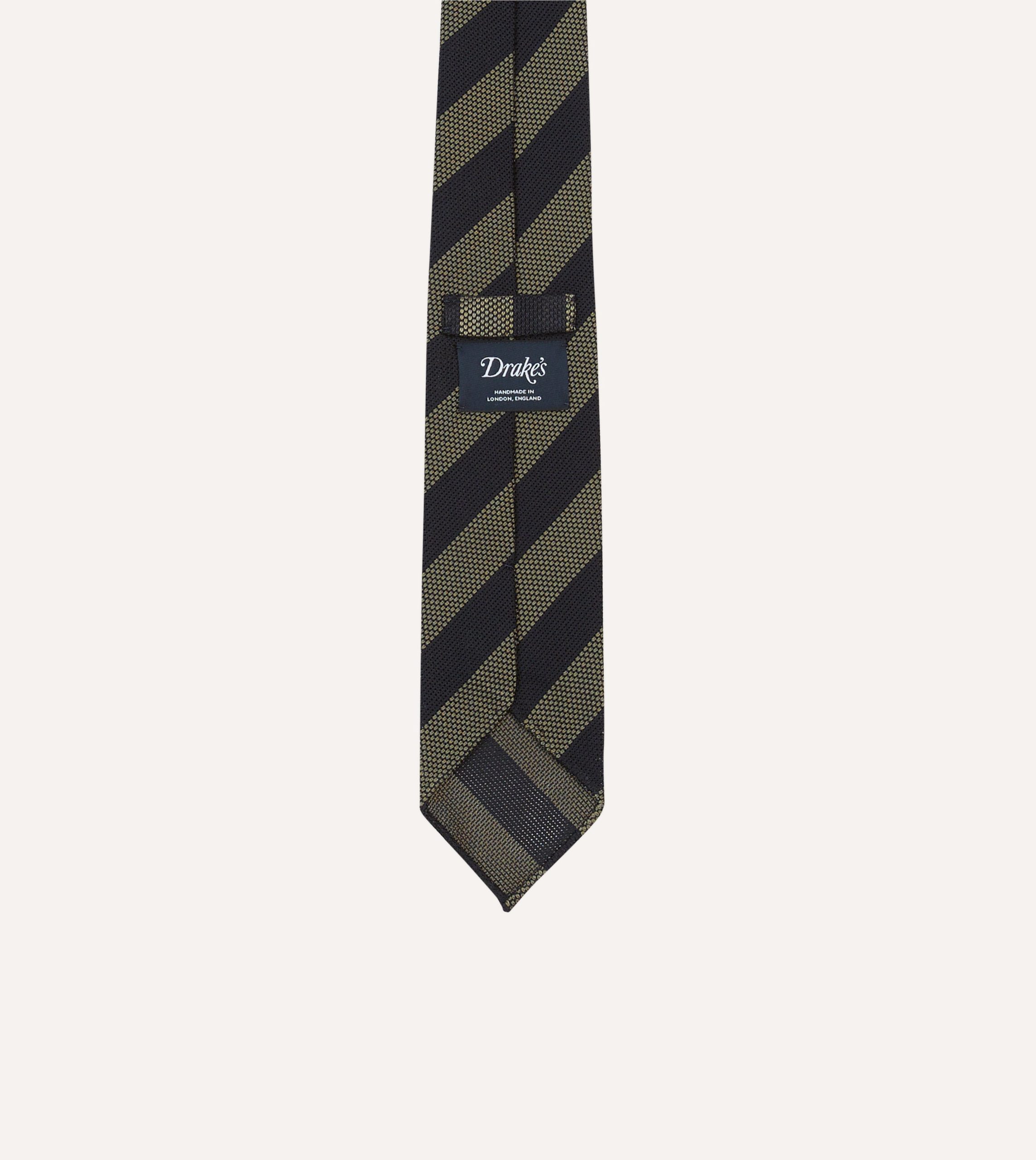 Khaki and Navy Block Stripe Hand Rolled Silk Grenadine Tie - Image 4