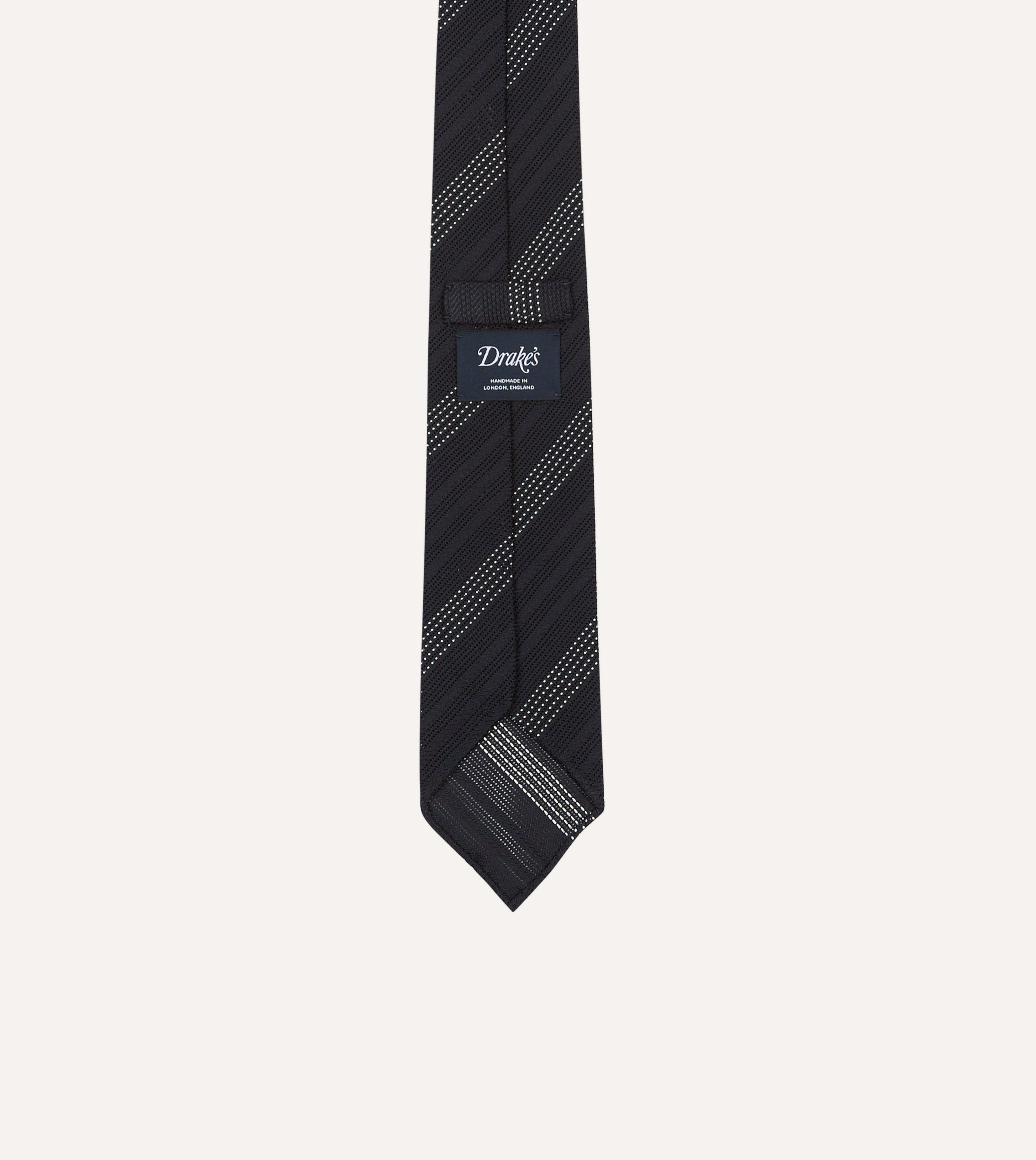 Navy and White Dashed Stripe Hand Rolled Silk Grenadine Tie - Image 4