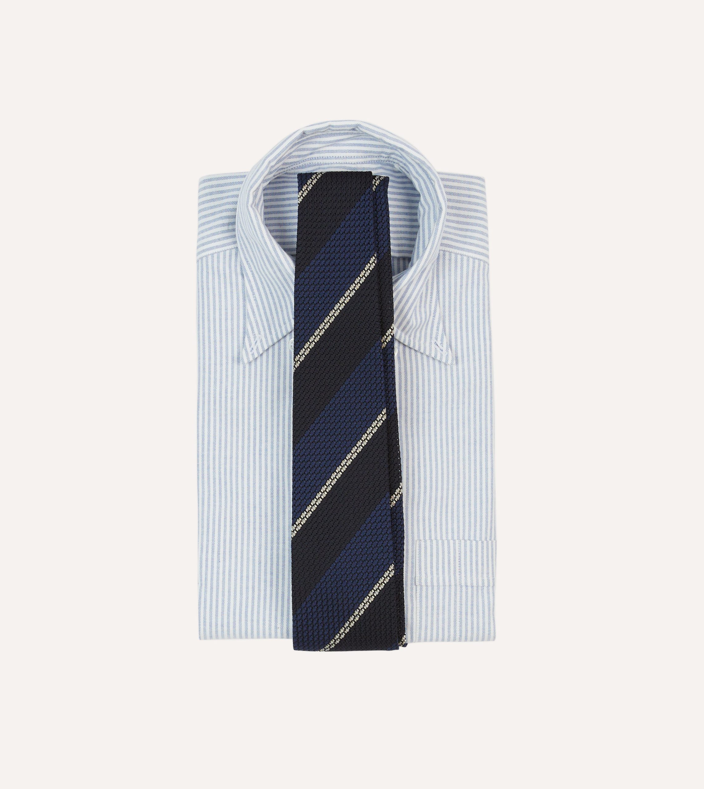 Navy and White Multi Stripe Hand Rolled Silk Grenadine Tie - Image 2