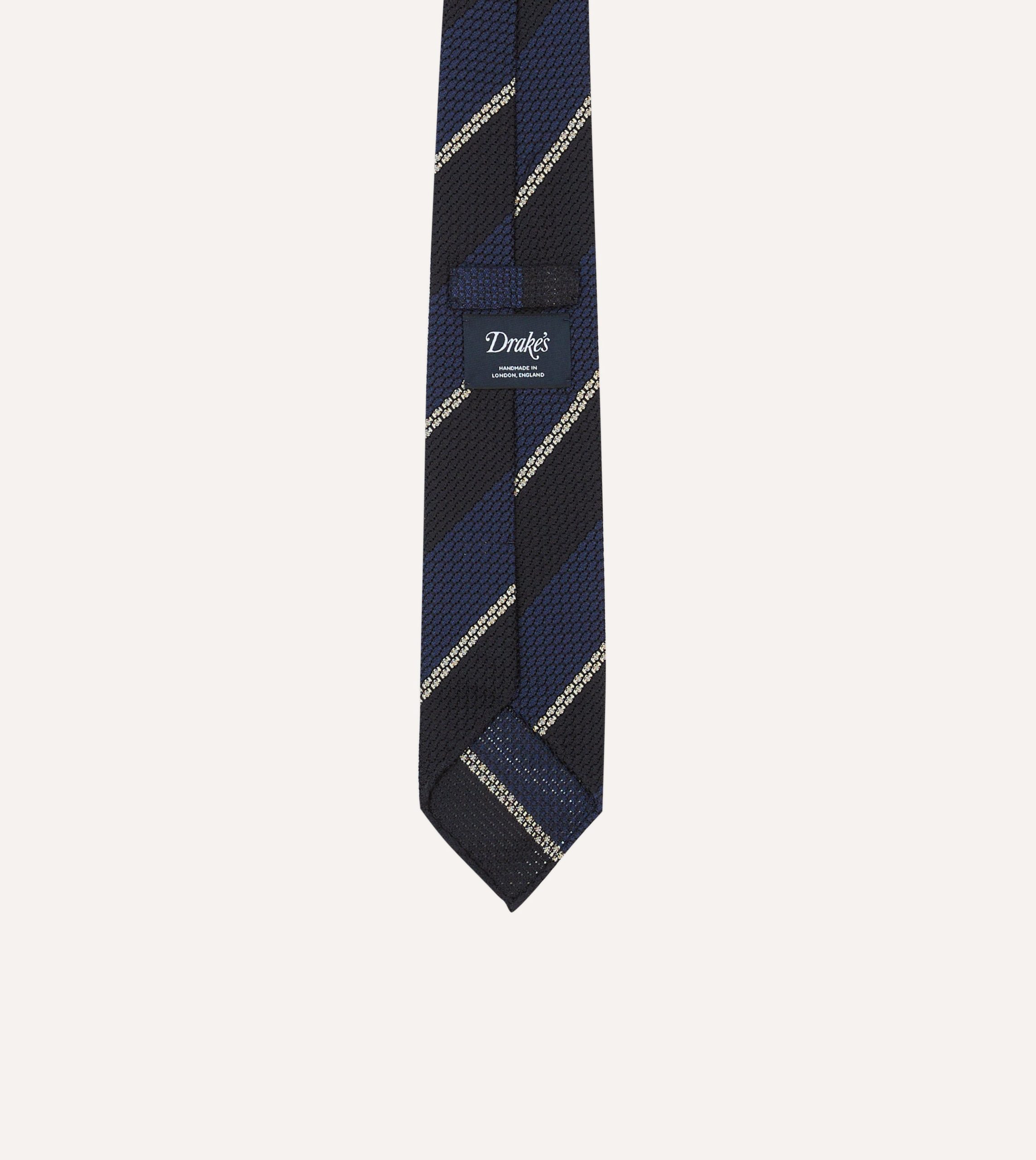 Navy and White Multi Stripe Hand Rolled Silk Grenadine Tie - Image 4
