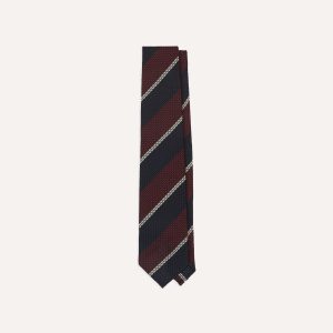 Navy. Red and White Multi Stripe Hand Rolled Silk Grenadine Tie
