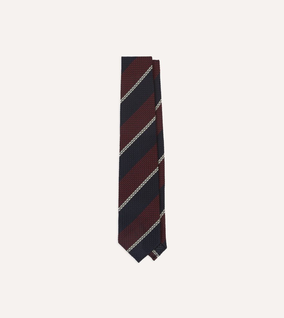 Navy. Red and White Multi Stripe Hand Rolled Silk Grenadine Tie
