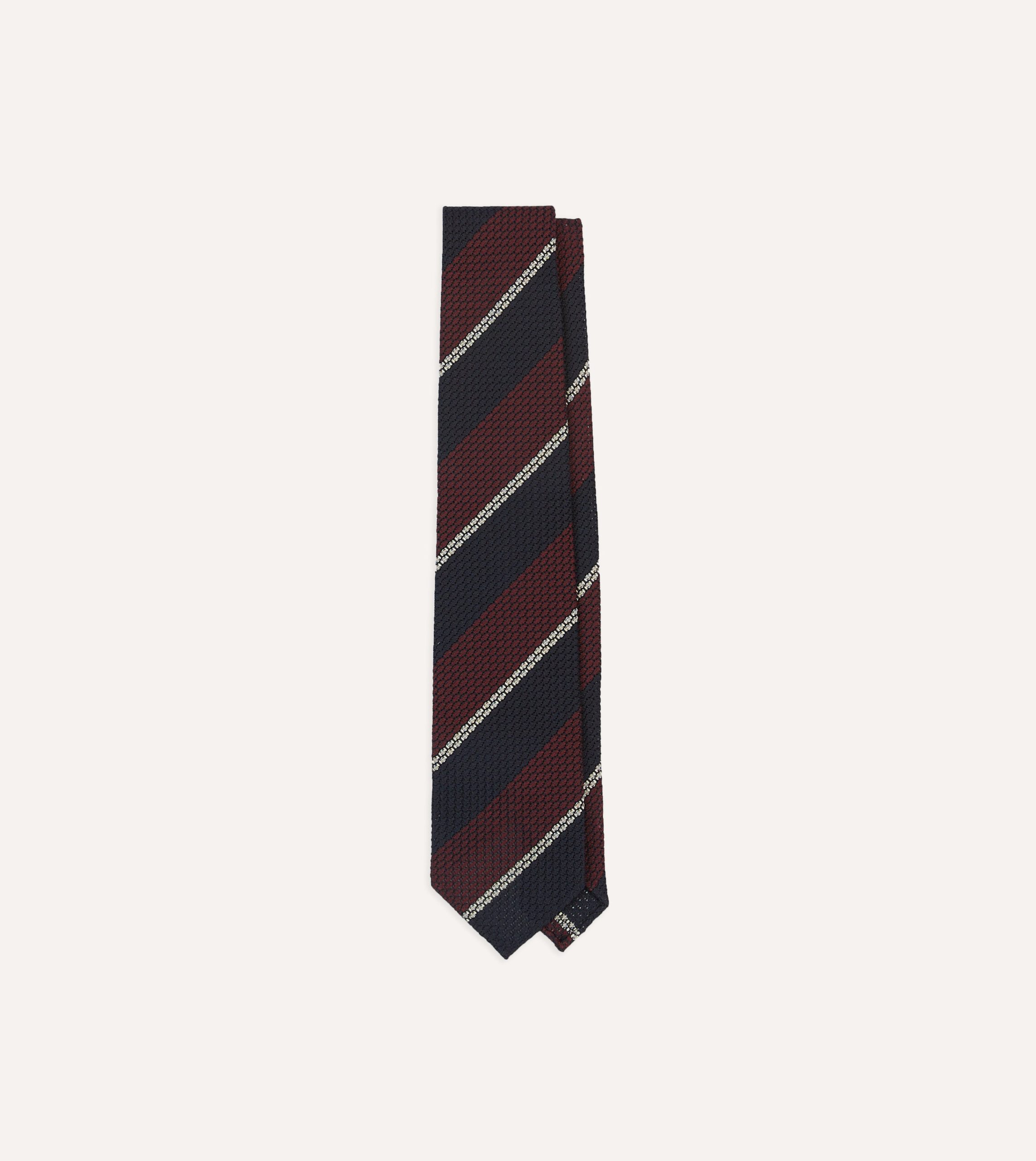 Navy. Red and White Multi Stripe Hand Rolled Silk Grenadine Tie