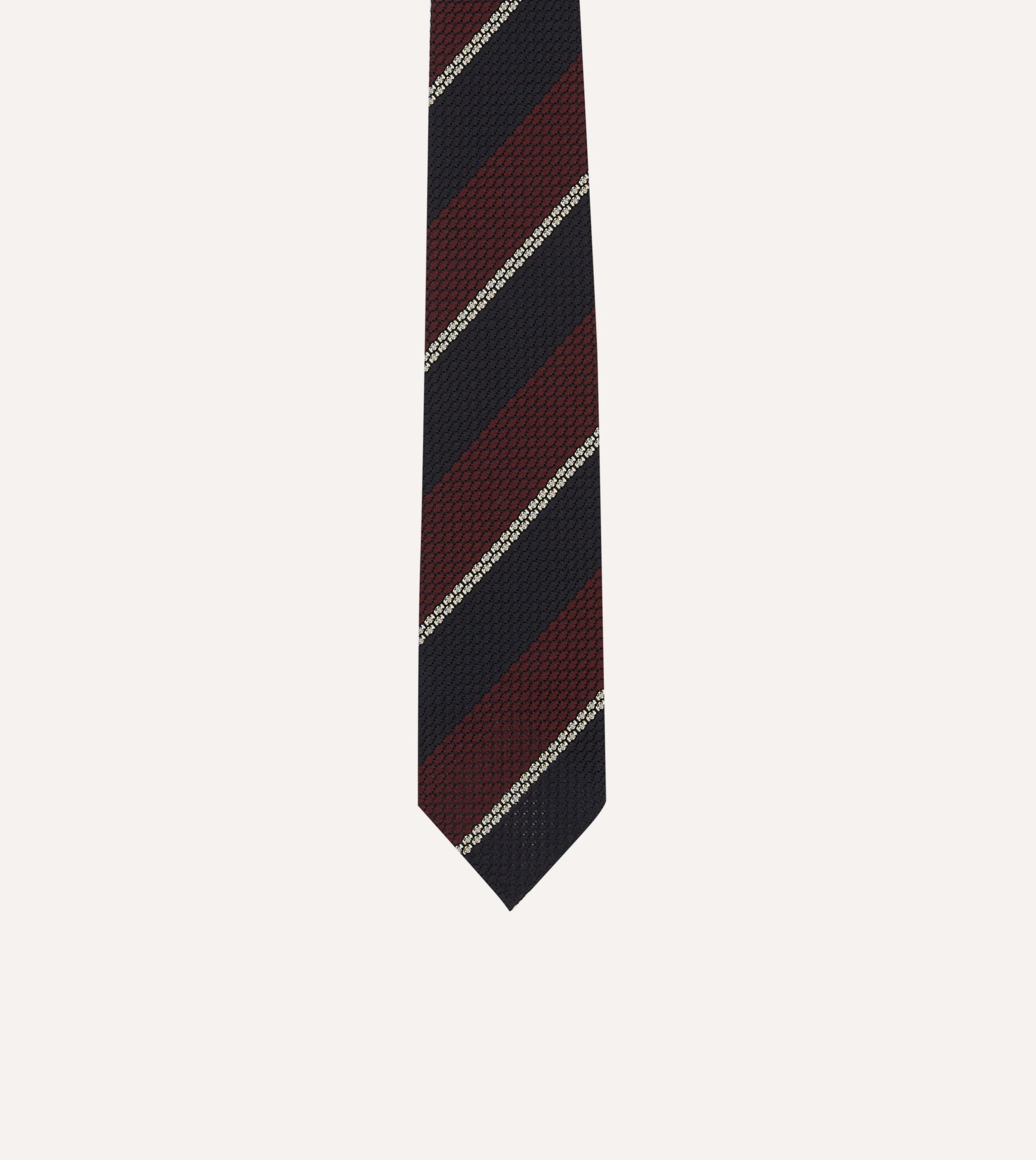 Navy. Red and White Multi Stripe Hand Rolled Silk Grenadine Tie - Image 3