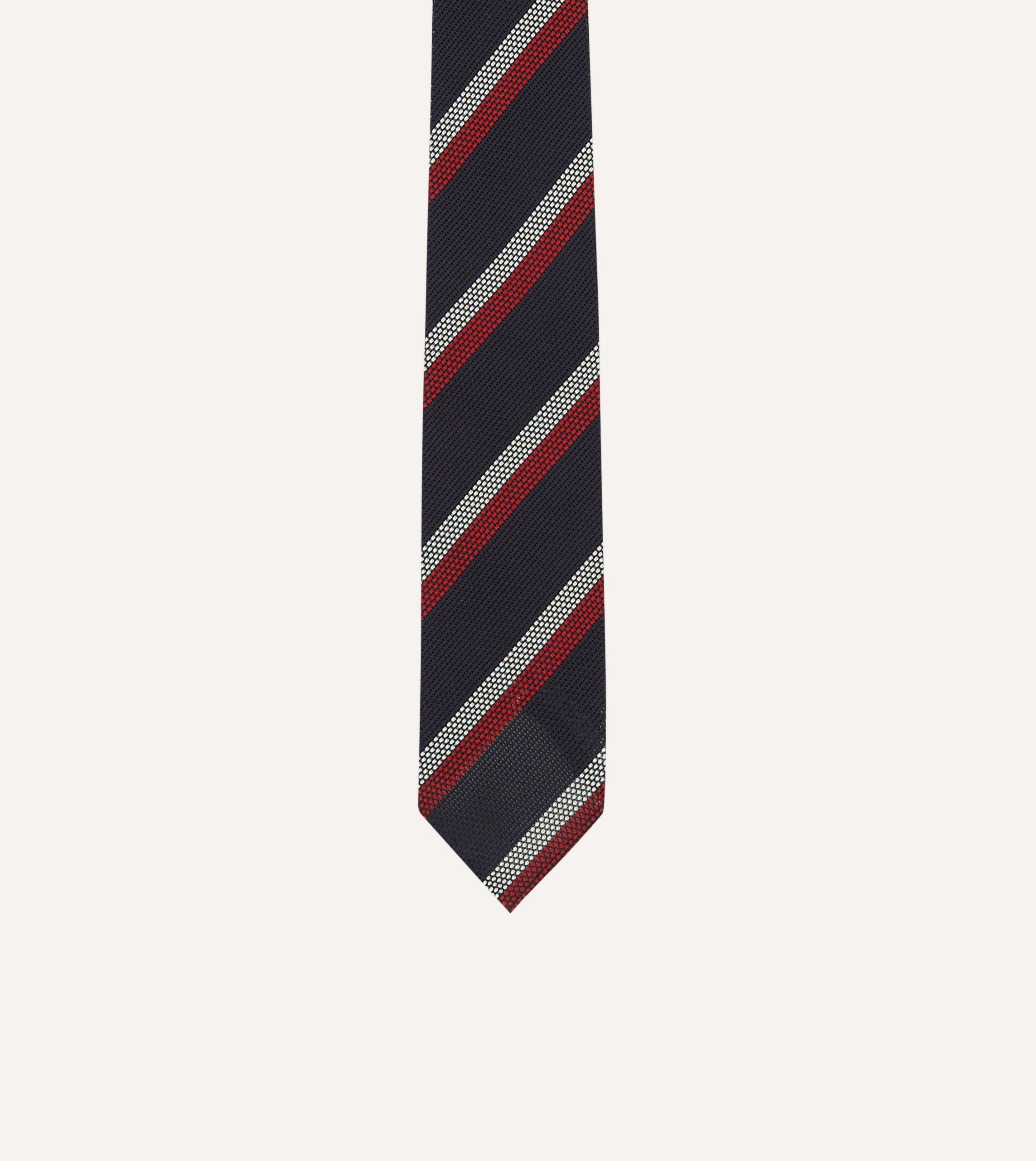 Navy. Red and White Double Stripe Hand Rolled Silk Grenadine Tie - Image 3