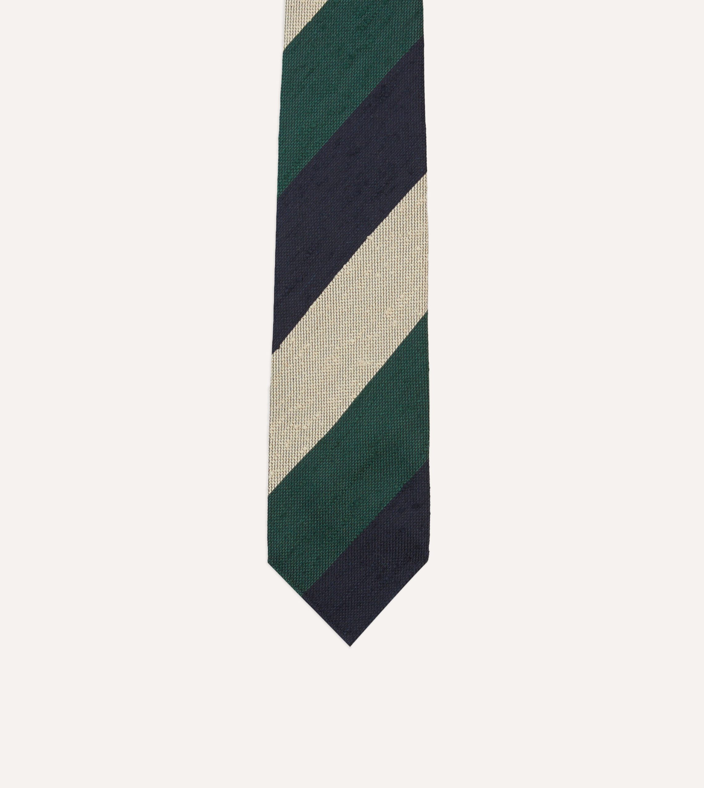 Navy. Green and Ecru Block Stripe Shantung Silk Tie - Image 3