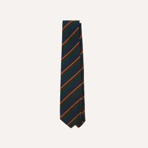 Navy. Green and Yellow Stripe Hand Rolled Silk Grenadine Tie