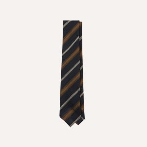 Navy. Gold and Ecru Stripe Hand Rolled Silk Grenadine Tie