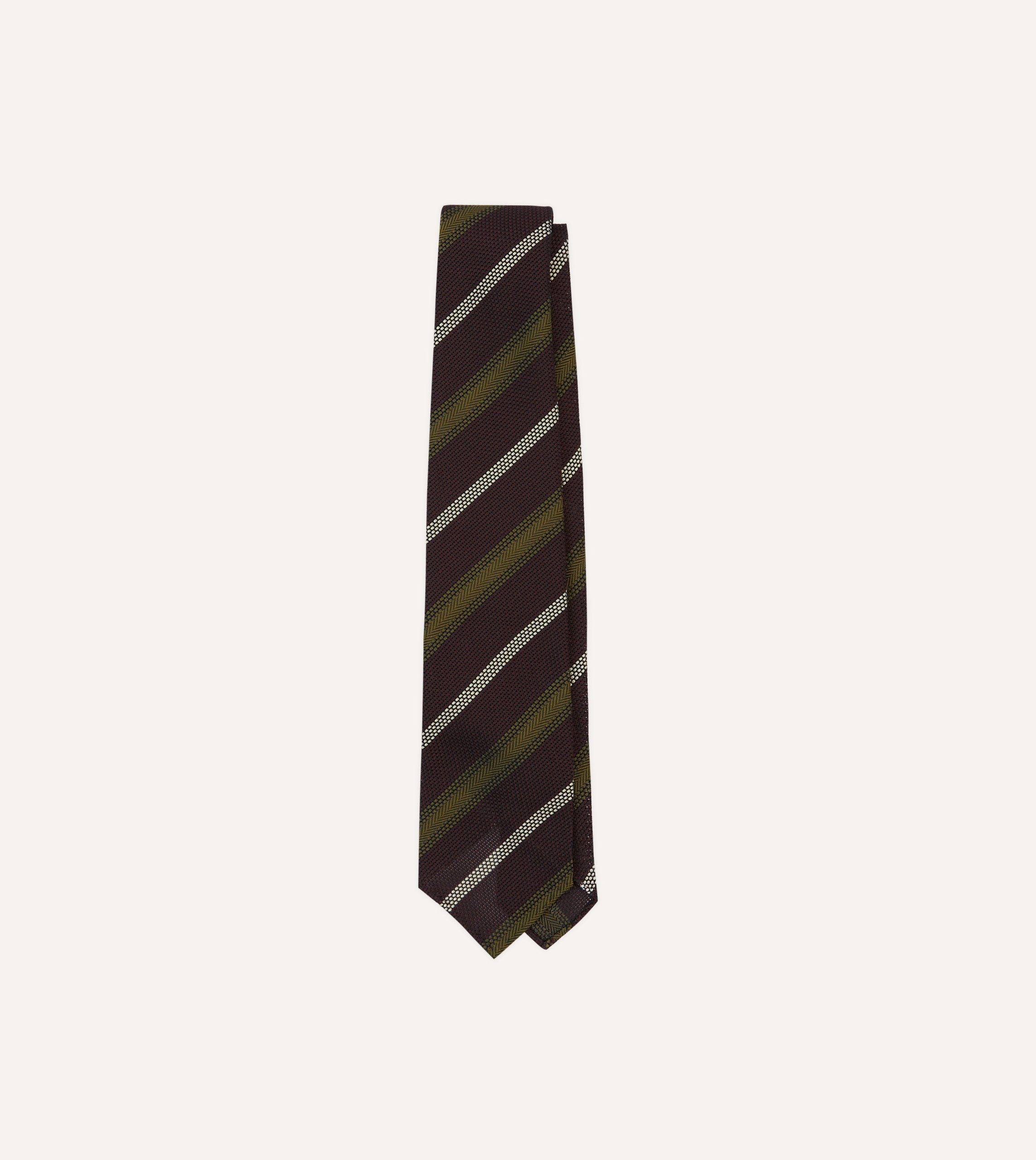 Burgundy. Olive and Ecru Stripe Hand Rolled Silk Grenadine Tie