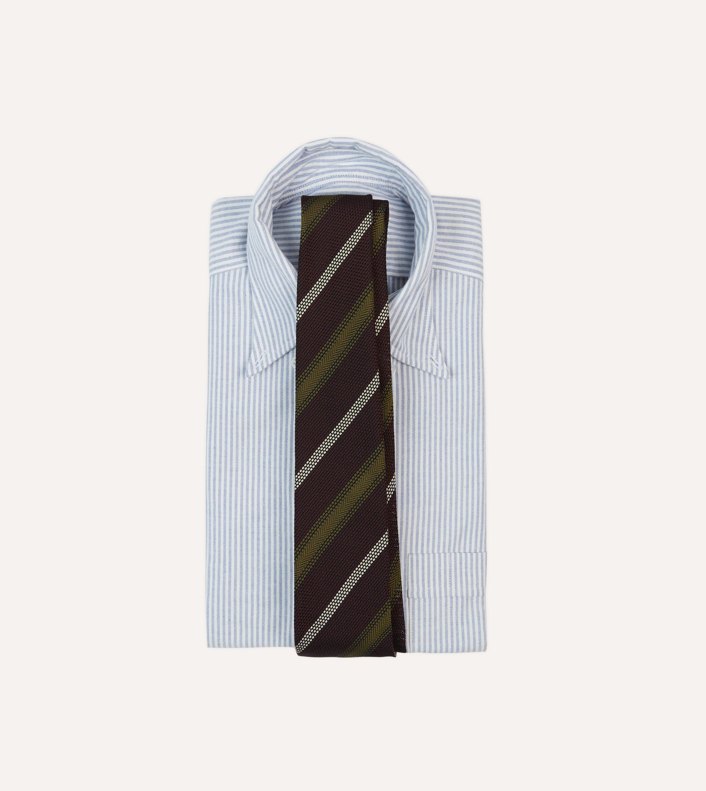 Burgundy. Olive and Ecru Stripe Hand Rolled Silk Grenadine Tie - Image 2