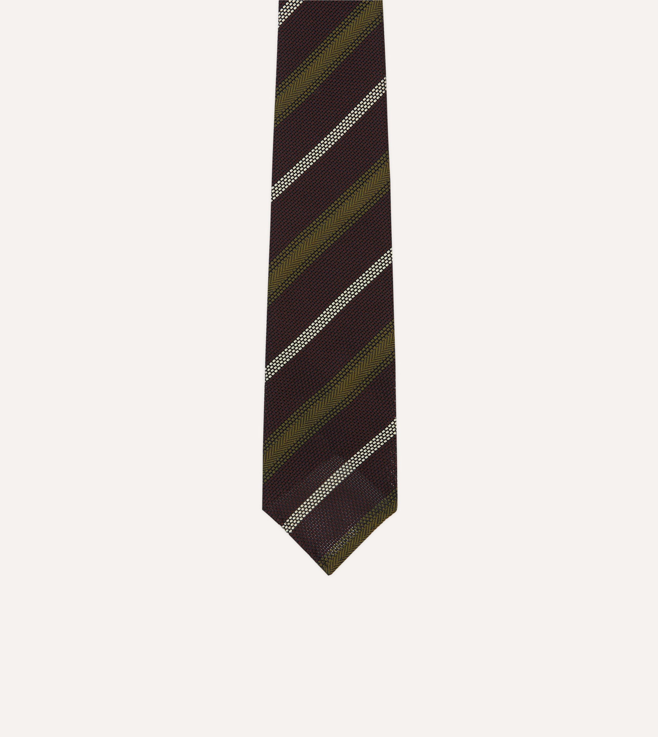 Burgundy. Olive and Ecru Stripe Hand Rolled Silk Grenadine Tie - Image 3