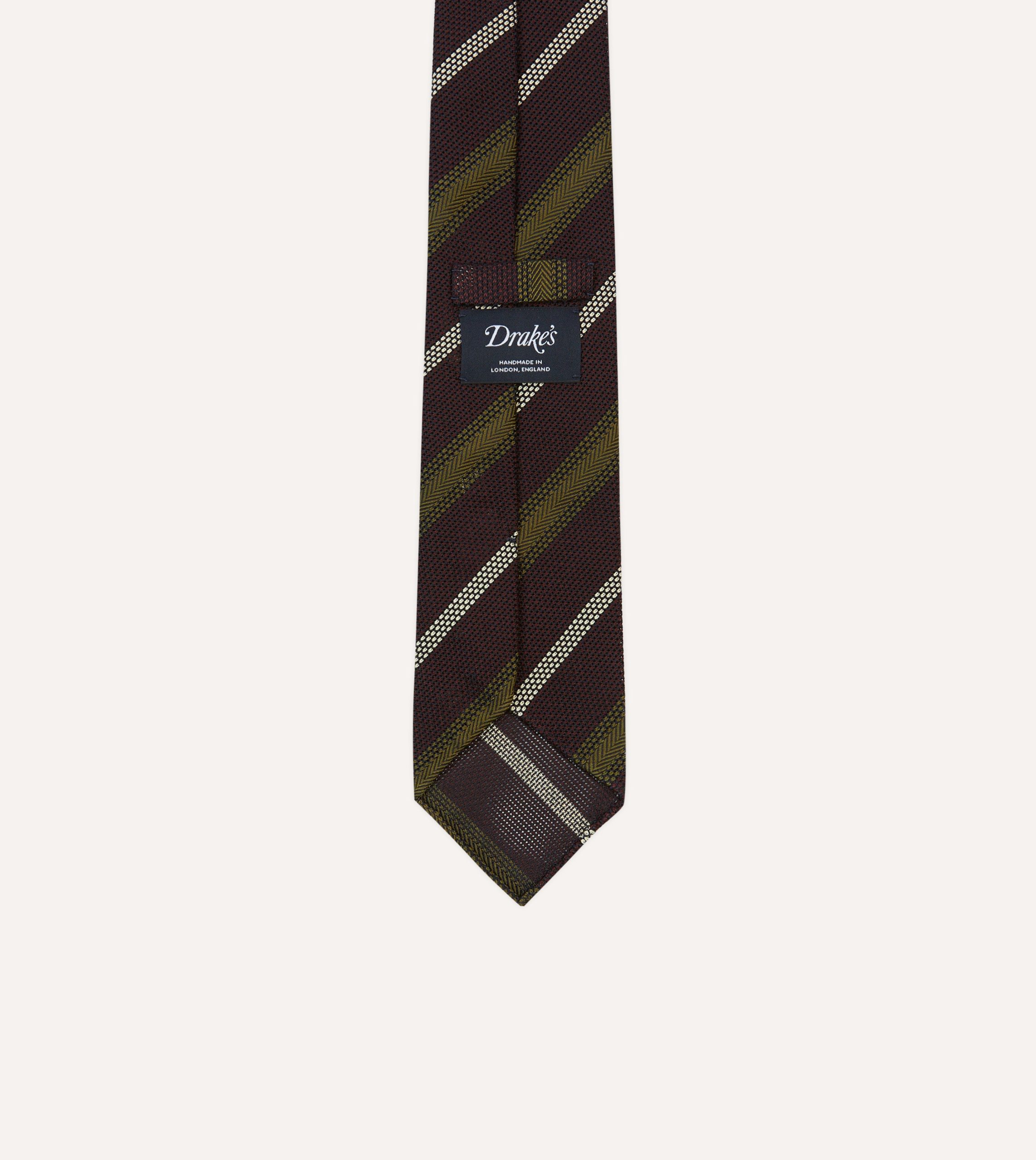 Burgundy. Olive and Ecru Stripe Hand Rolled Silk Grenadine Tie - Image 4