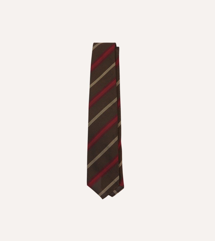 Brown. Red and Ecru Stripe Hand Rolled Silk Grenadine Tie