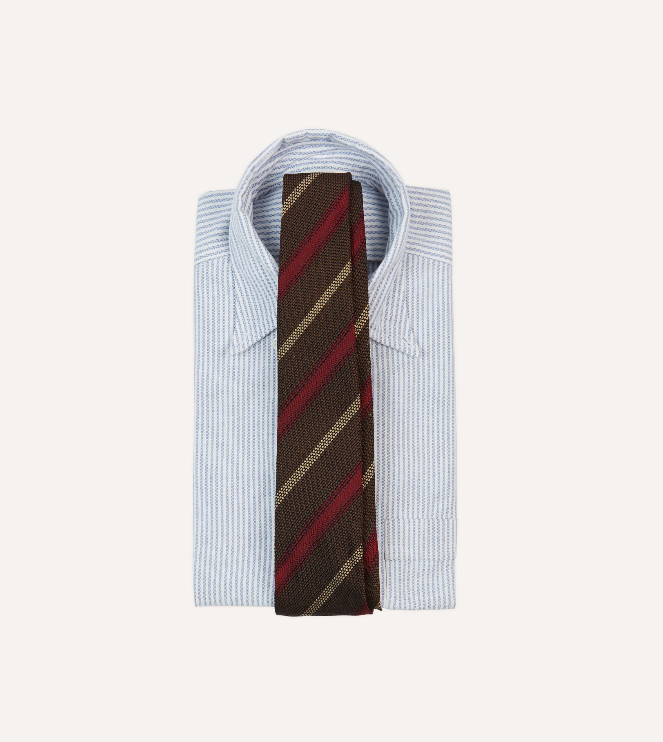 Brown. Red and Ecru Stripe Hand Rolled Silk Grenadine Tie - Image 2