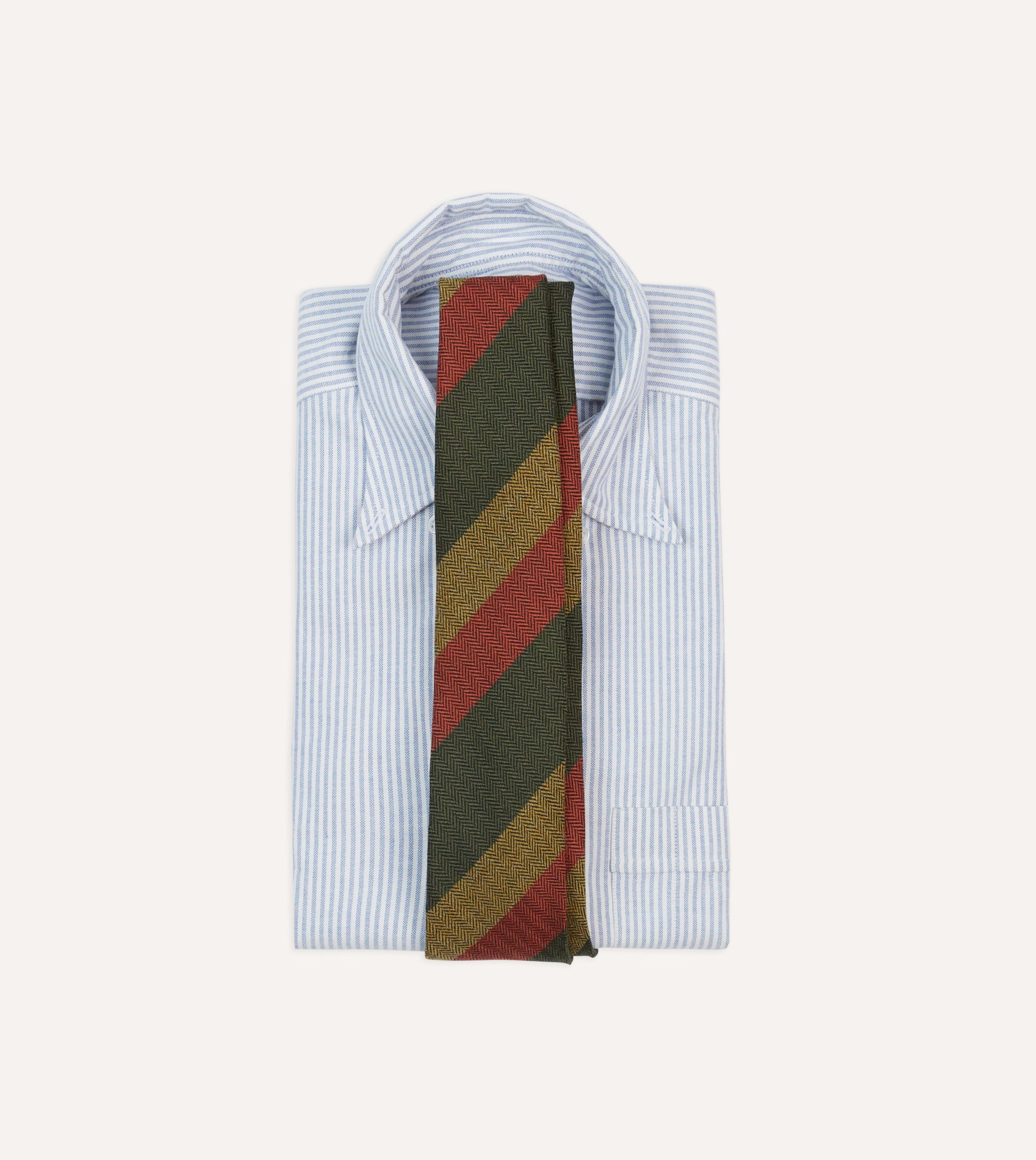 Green. Red and Mustard Block Stripe Hand Rolled Wool Tie - Image 2