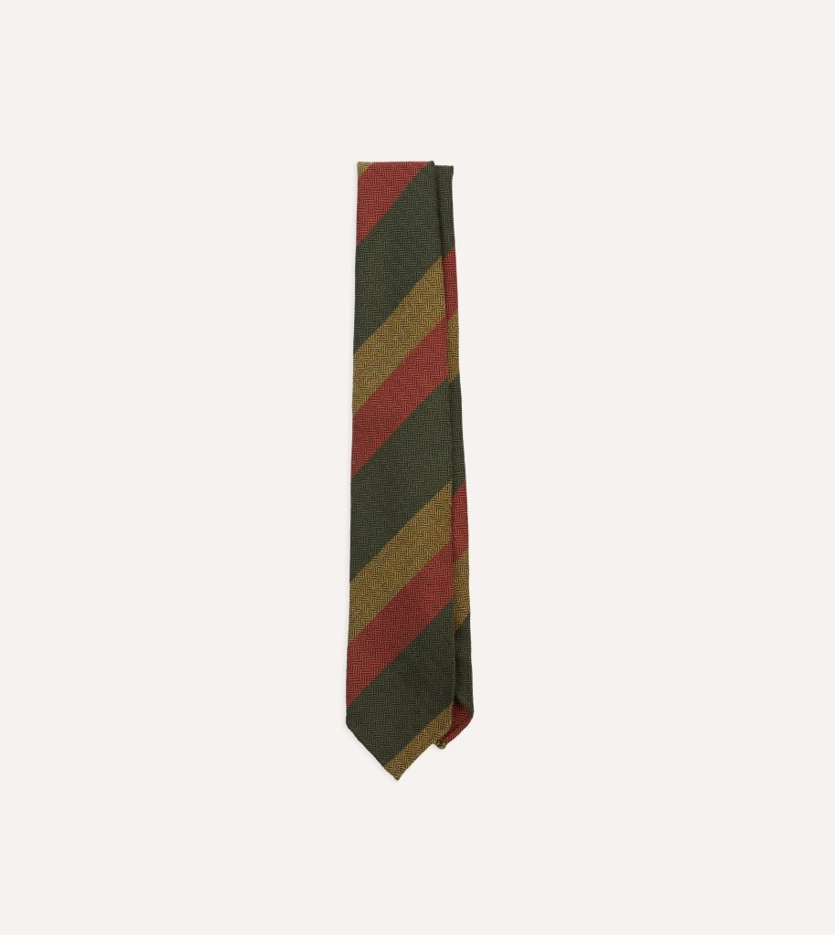Green. Red and Mustard Block Stripe Hand Rolled Wool Tie