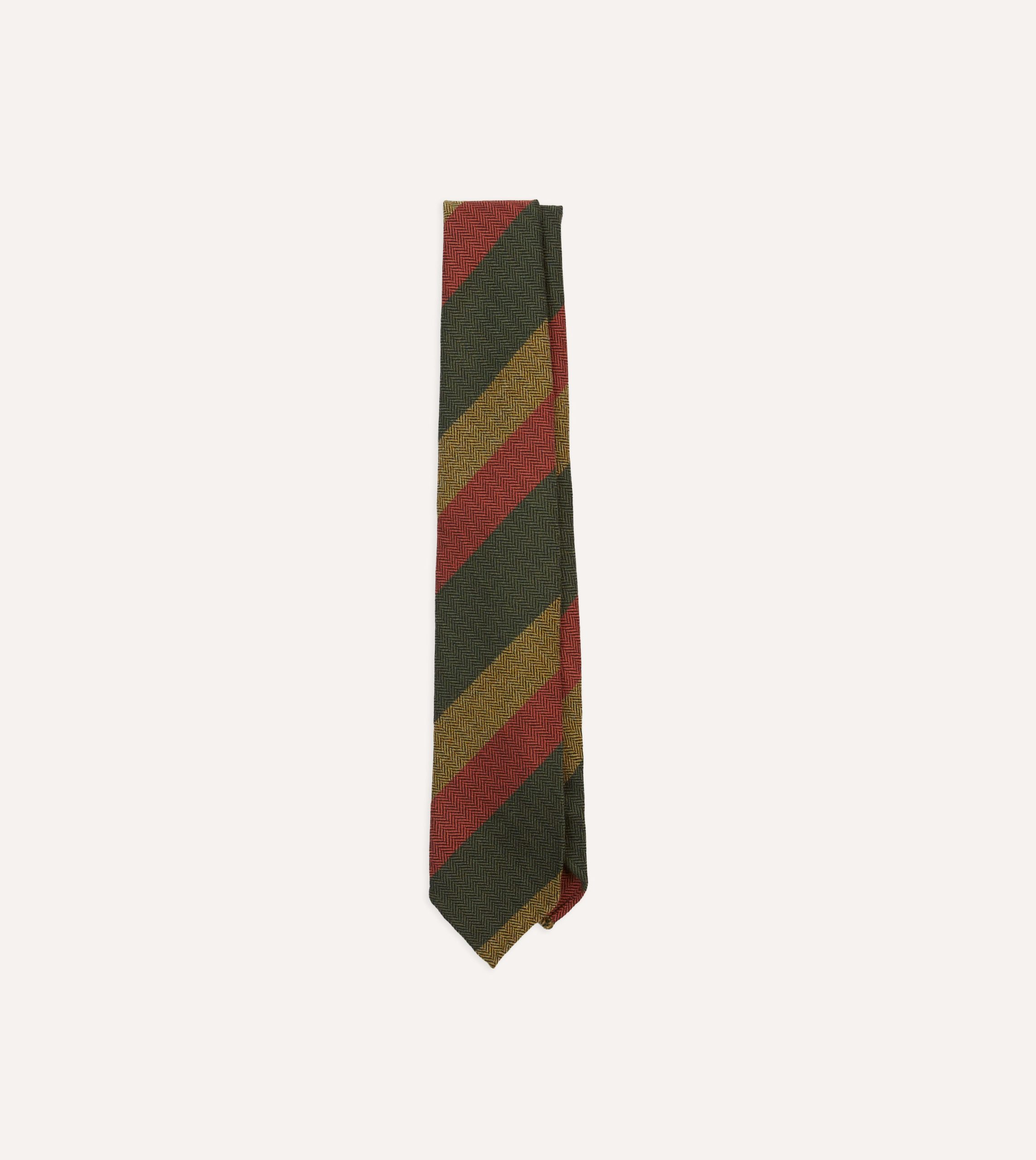 Green. Red and Mustard Block Stripe Hand Rolled Wool Tie