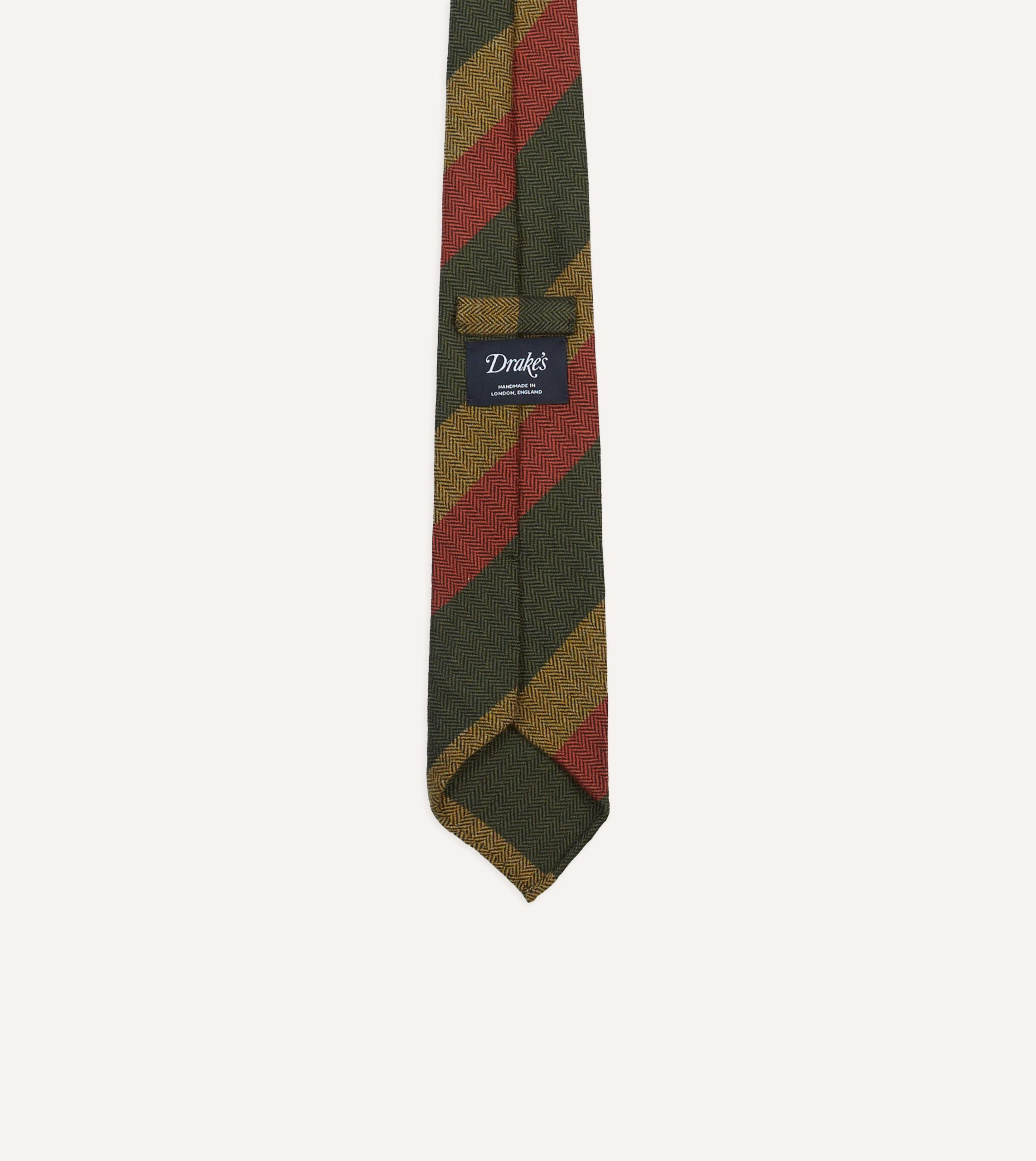 Green. Red and Mustard Block Stripe Hand Rolled Wool Tie - Image 4