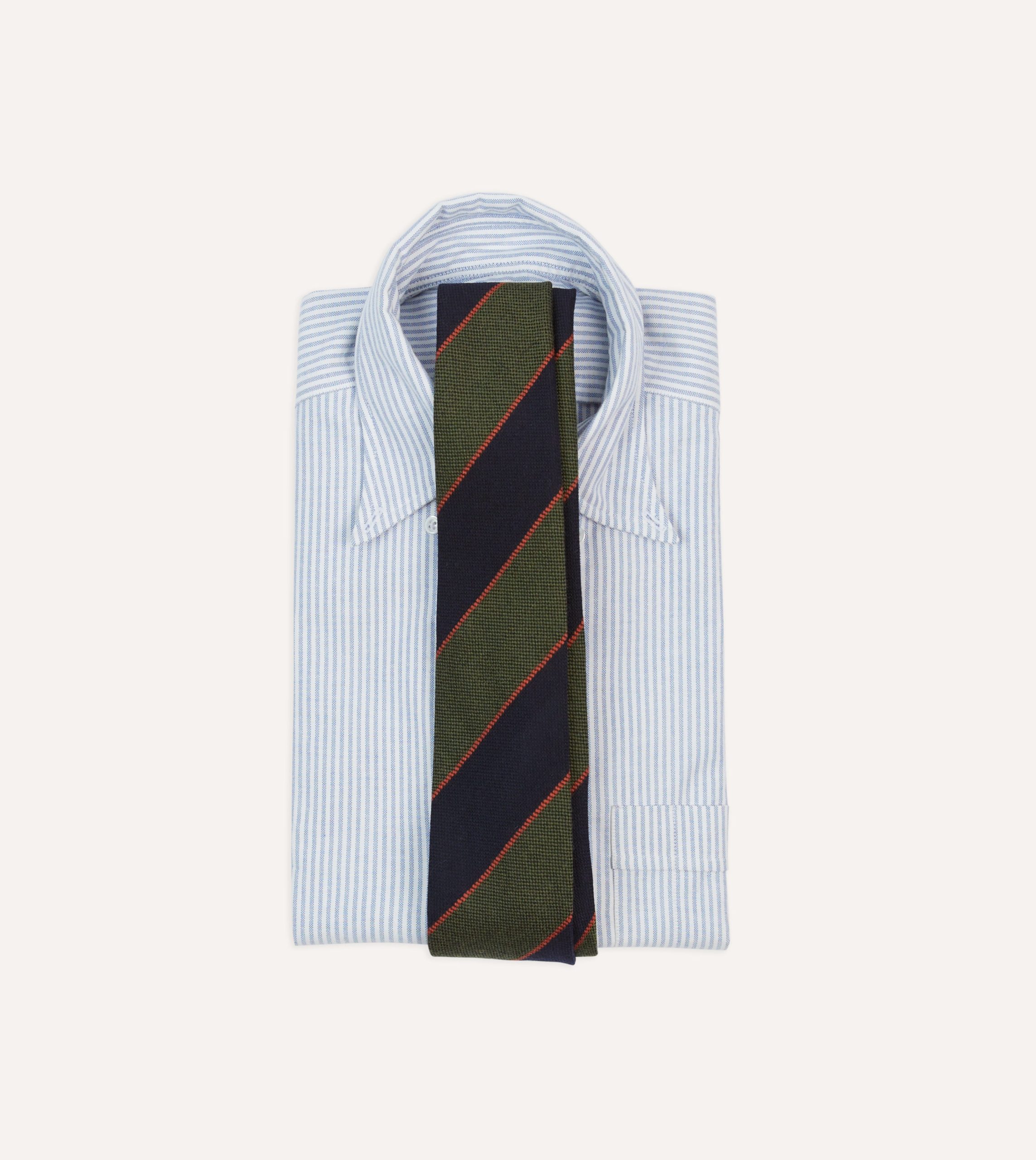 Green. Red and Navy Line Stripe Hand Rolled Wool Tie - Image 2