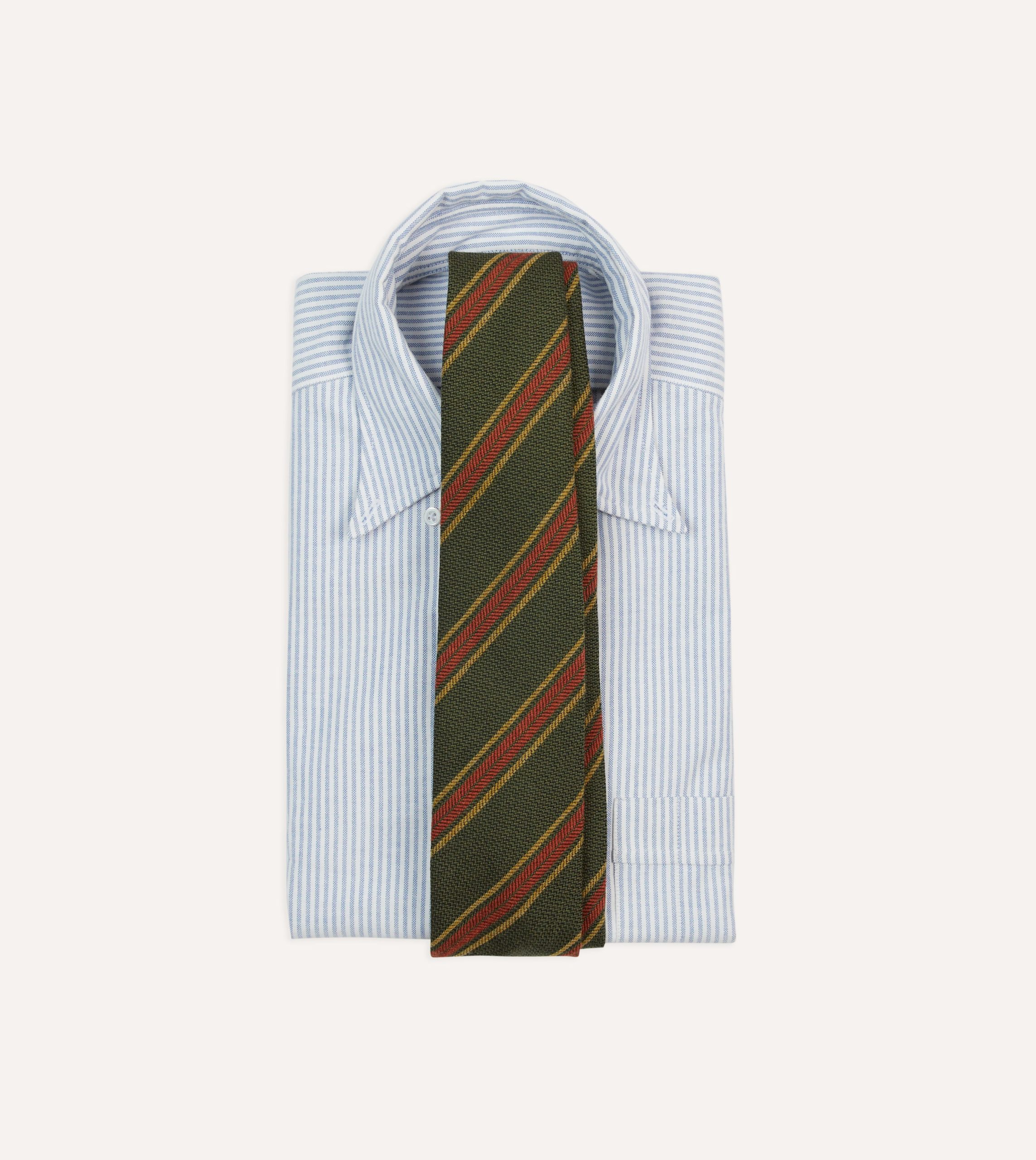 Green. Yellow and Red Triple Stripe Hand Rolled Wool Tie - Image 2
