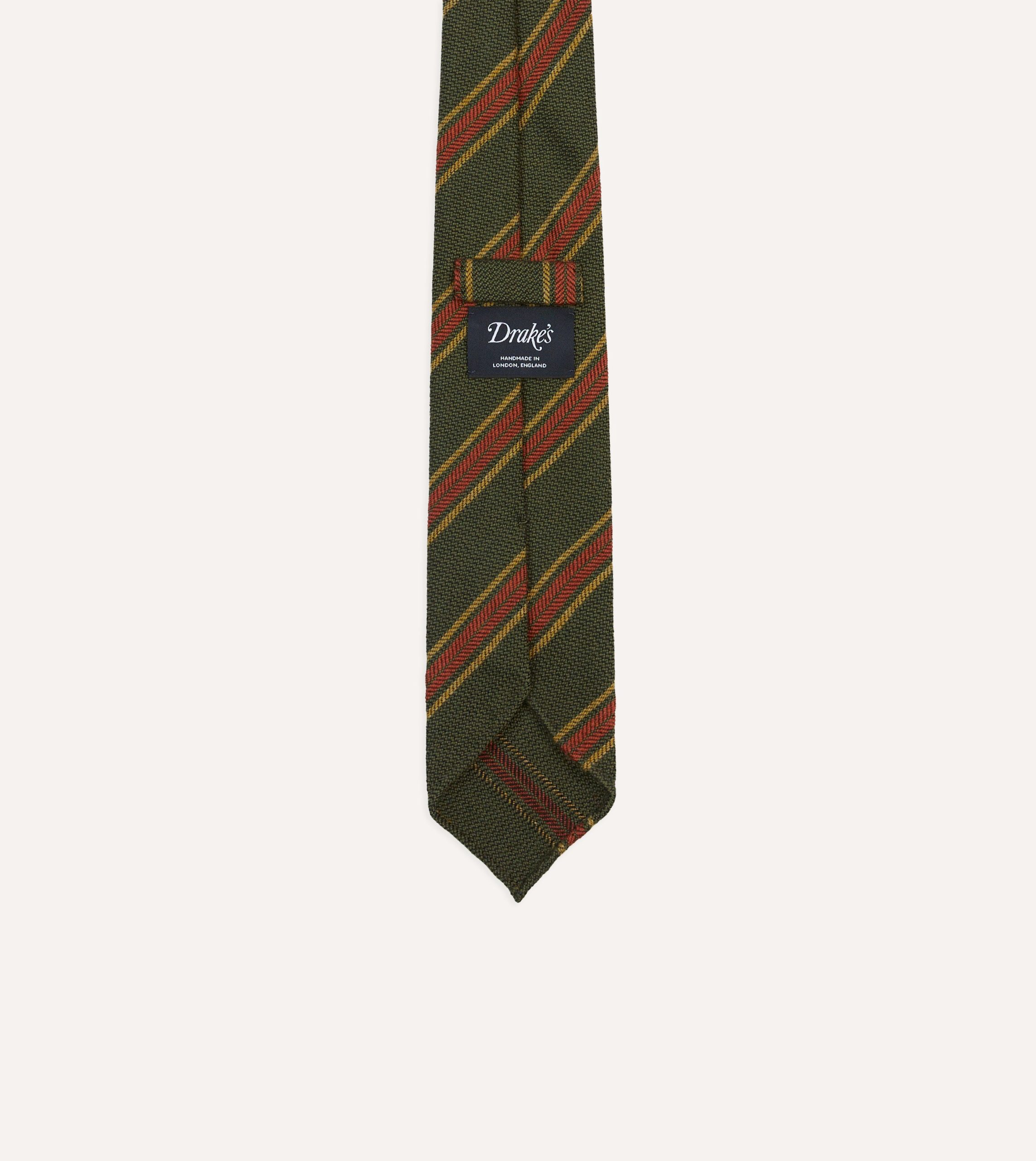Green. Yellow and Red Triple Stripe Hand Rolled Wool Tie - Image 4
