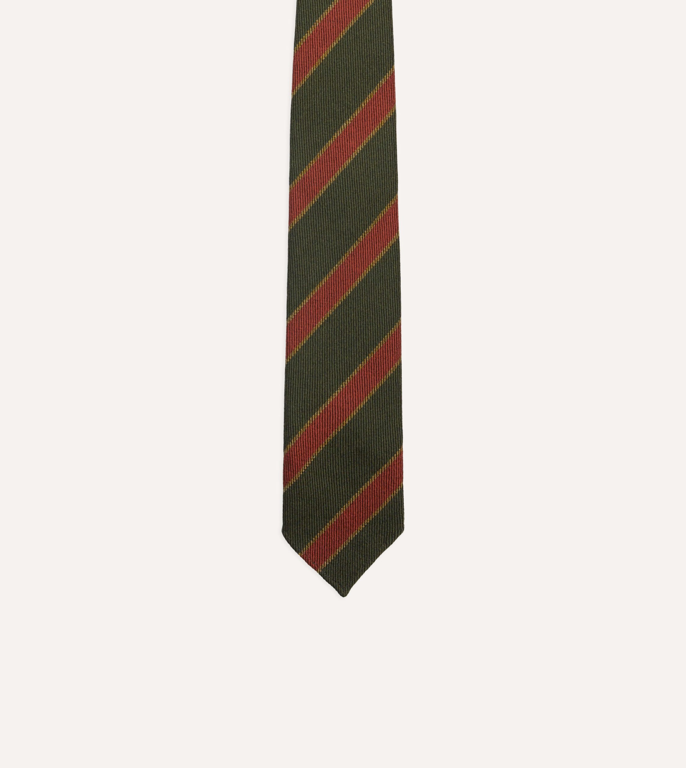 Green. Yellow and Red Thick Stripe Hand Rolled Wool Tie - Image 3