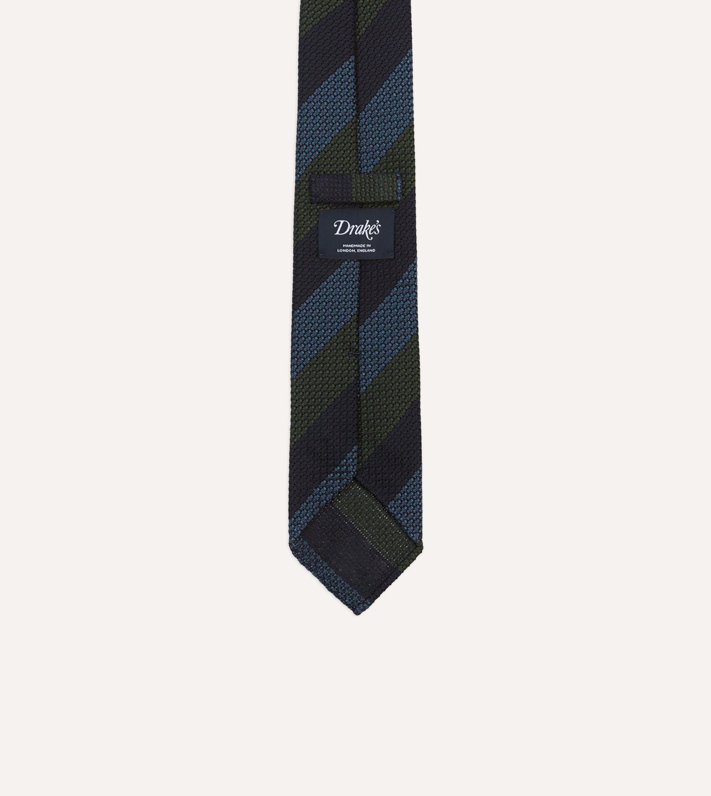 Navy. Green and Blue Block Stripe Hand Rolled Silk Grenadine Tie - Image 4