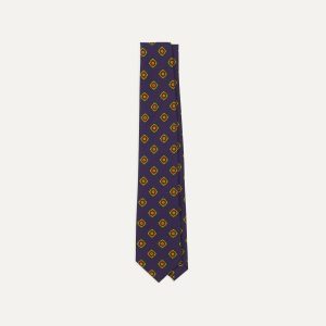 Navy Flower Medallion Print Madder Silk Self Tipped Tie
