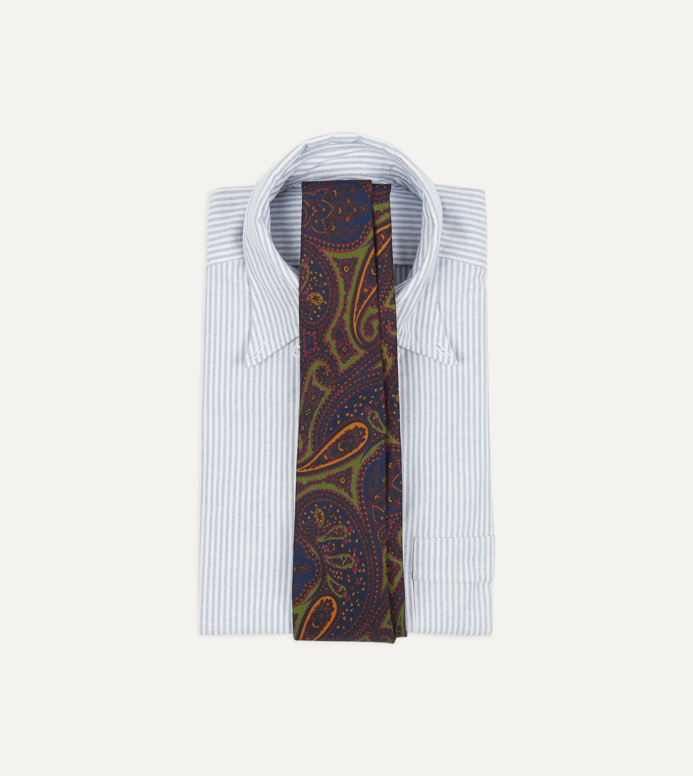 Navy and Green Large Paisley Print Madder Silk Self Tipped Tie - Image 2