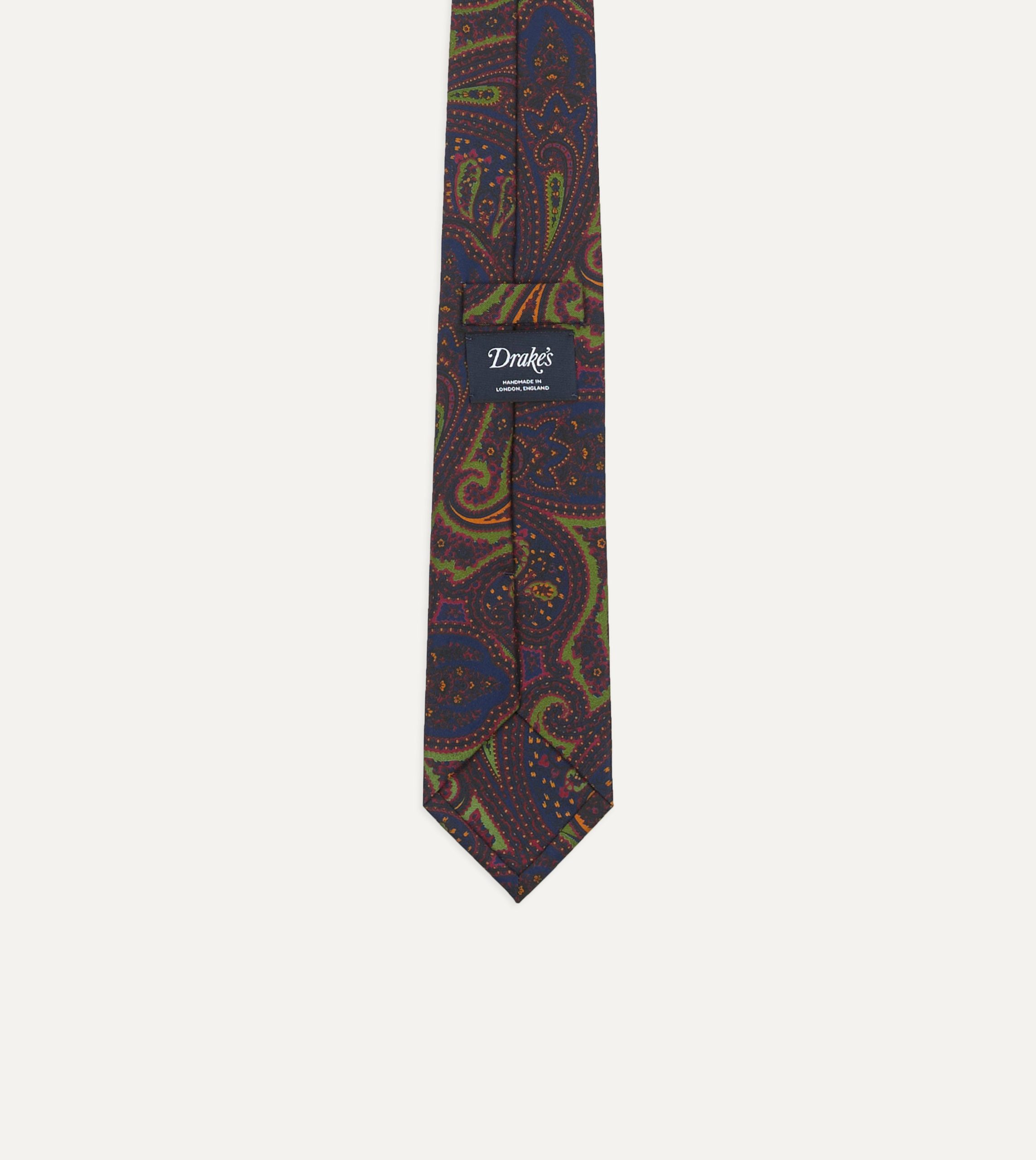 Navy and Green Large Paisley Print Madder Silk Self Tipped Tie - Image 3