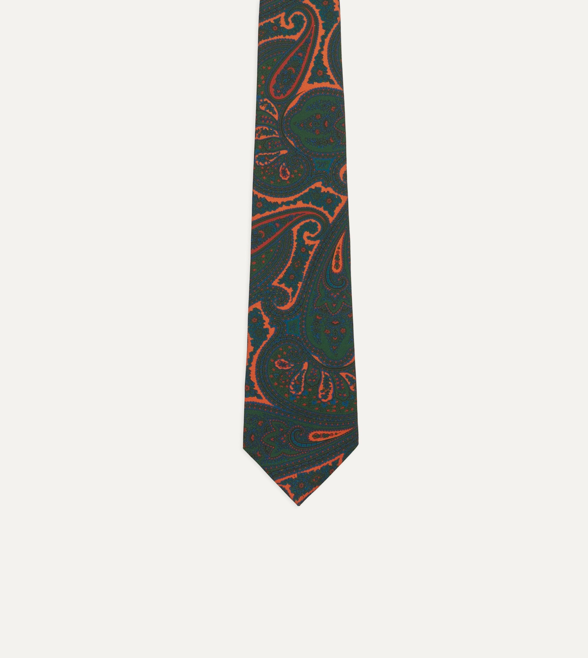 Green and Orange Large Paisley Print Madder Silk Self Tipped Tie - Image 4