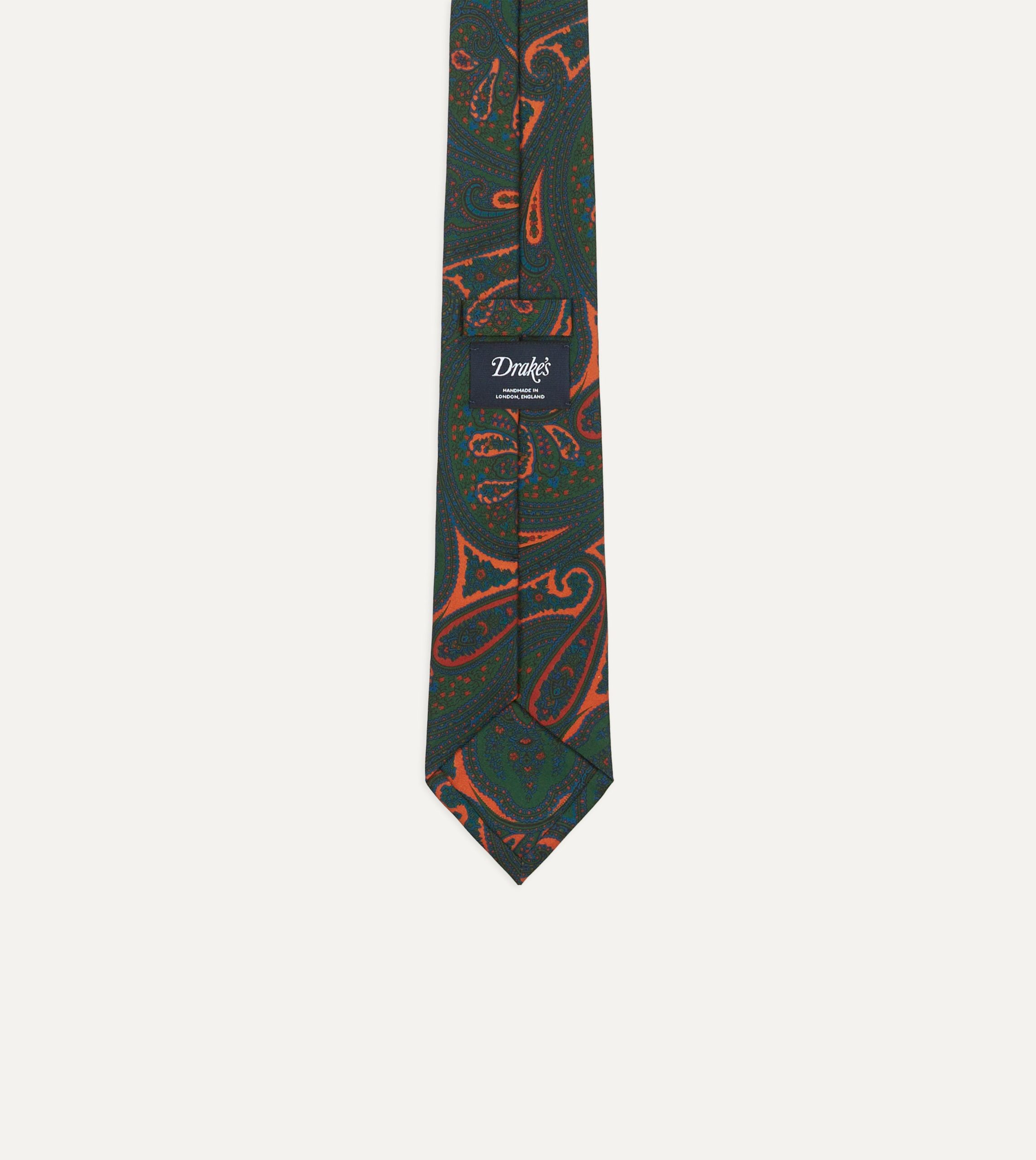 Green and Orange Large Paisley Print Madder Silk Self Tipped Tie - Image 3