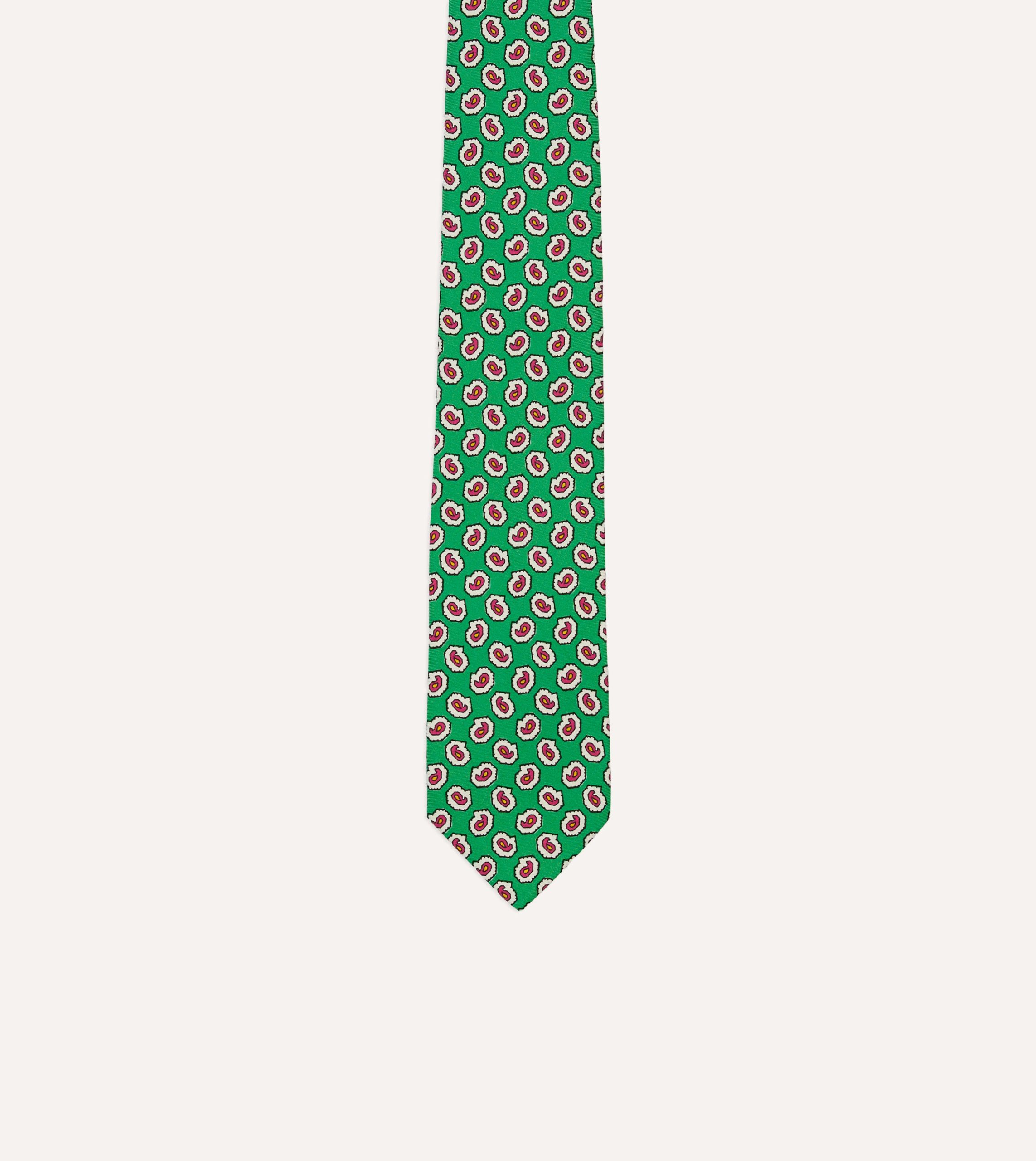 Green Small Paisley Leaf Print Silk Self Tipped Tie - Image 3