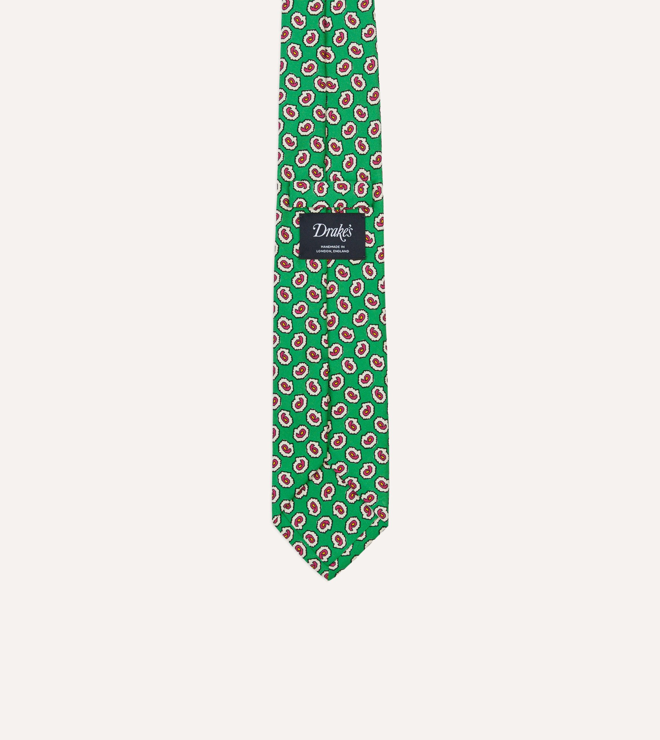 Green Small Paisley Leaf Print Silk Self Tipped Tie - Image 4