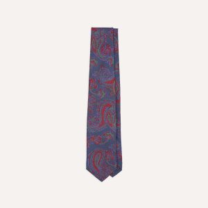 Navy Paisley Print Silk Self Tipped Tie