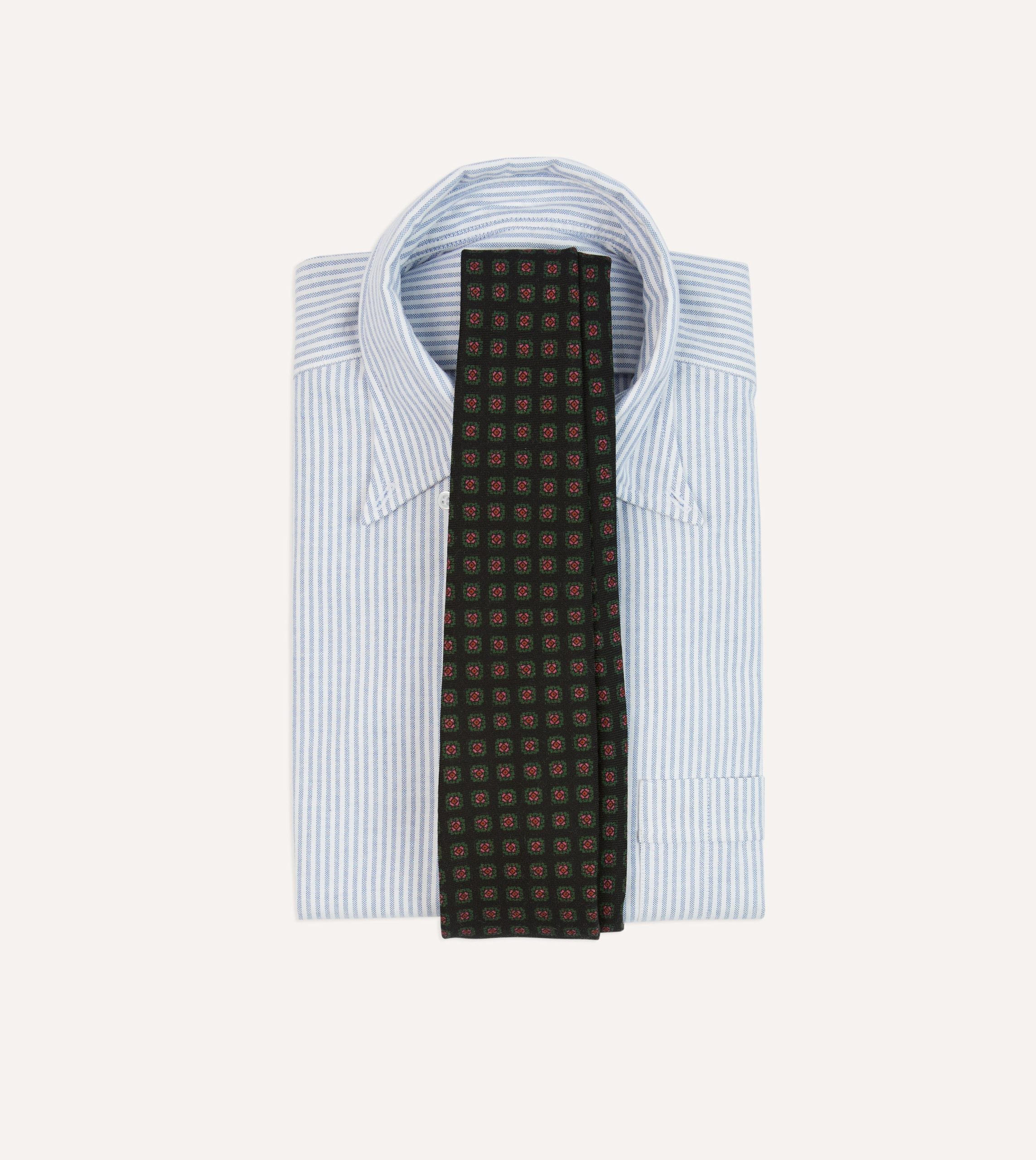 Black Green. and Red Diamond Print Check Self-Tipped Wool Tie - Image 2