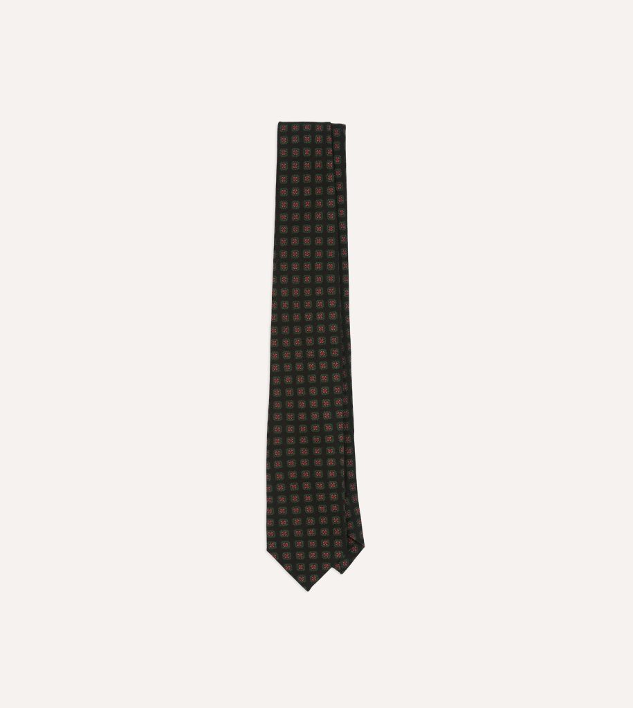 Black Green. and Red Diamond Print Check Self-Tipped Wool Tie