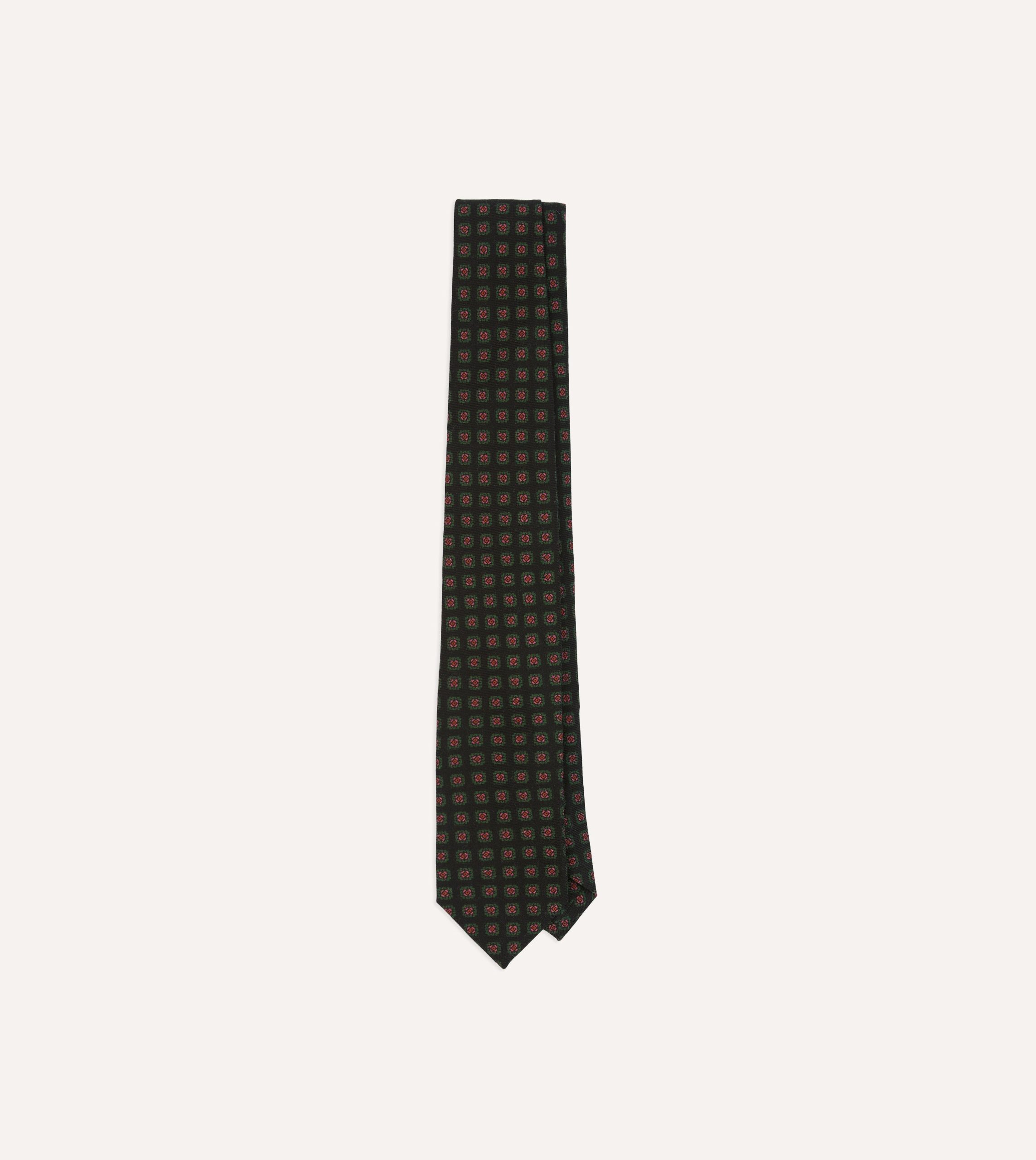 Black Green. and Red Diamond Print Check Self-Tipped Wool Tie