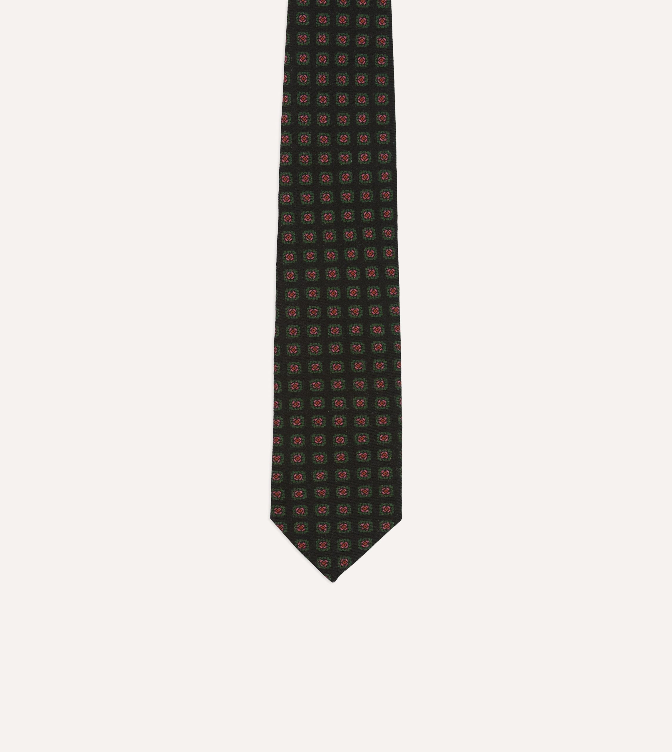 Black Green. and Red Diamond Print Check Self-Tipped Wool Tie - Image 3