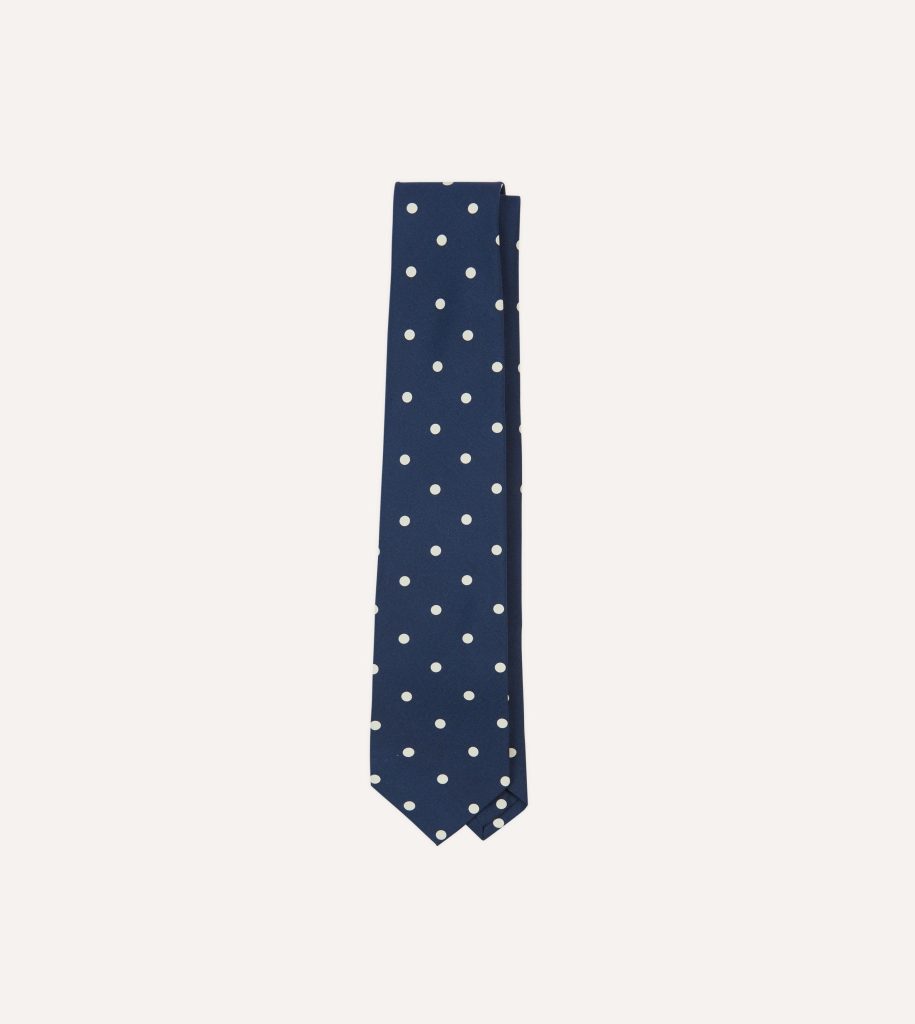 Navy Large Spot Silk Self-Tipped Tie