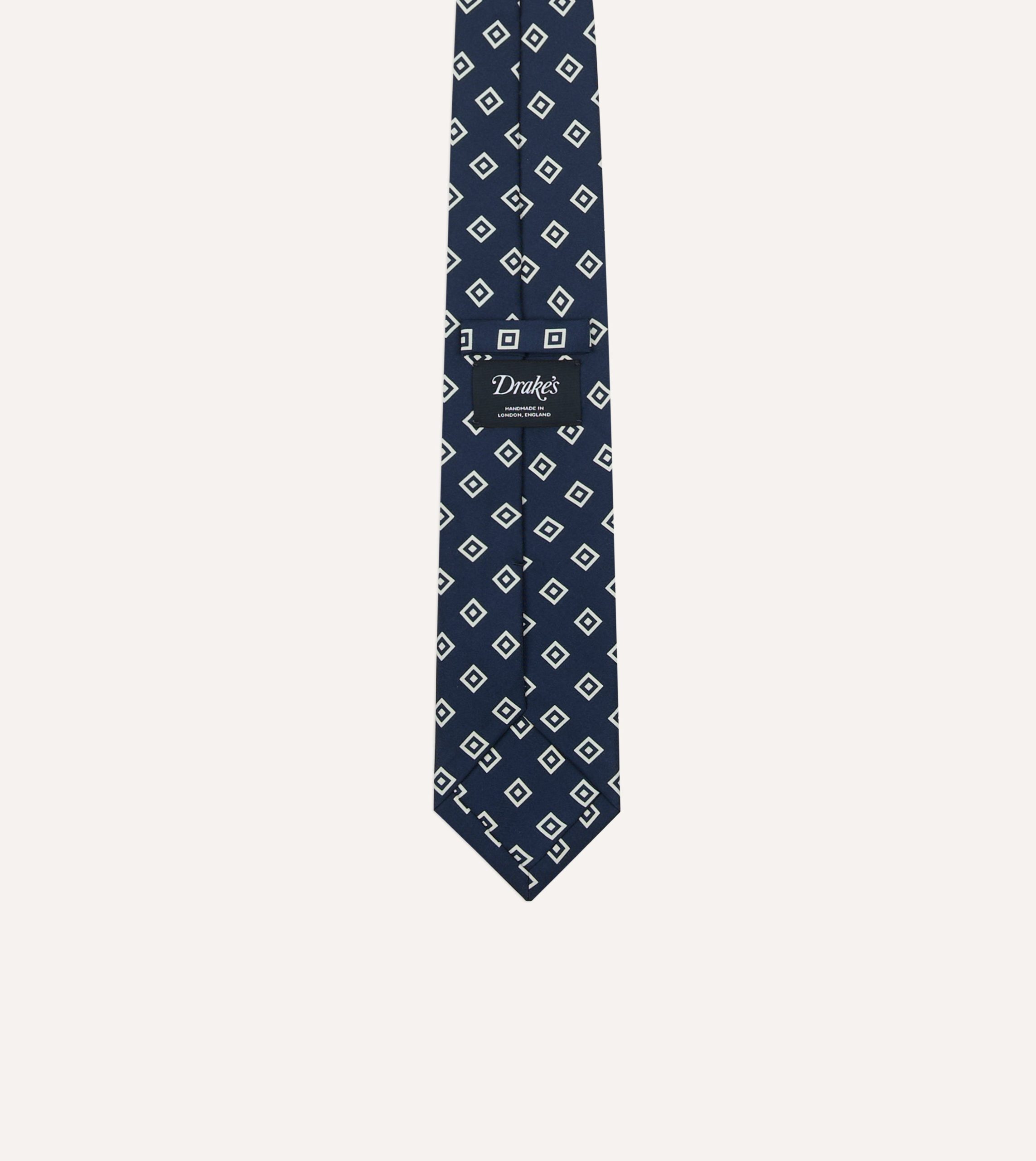 Navy Medallion Crepe de Chine Silk Self-Tipped Tie - Image 4