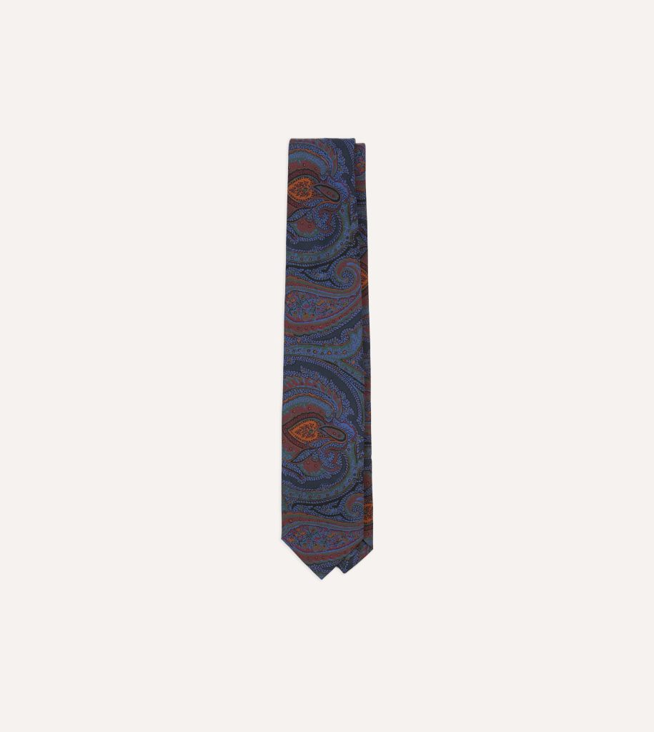 Navy Large Paisley Print Madder Silk Self-Tipped Tie