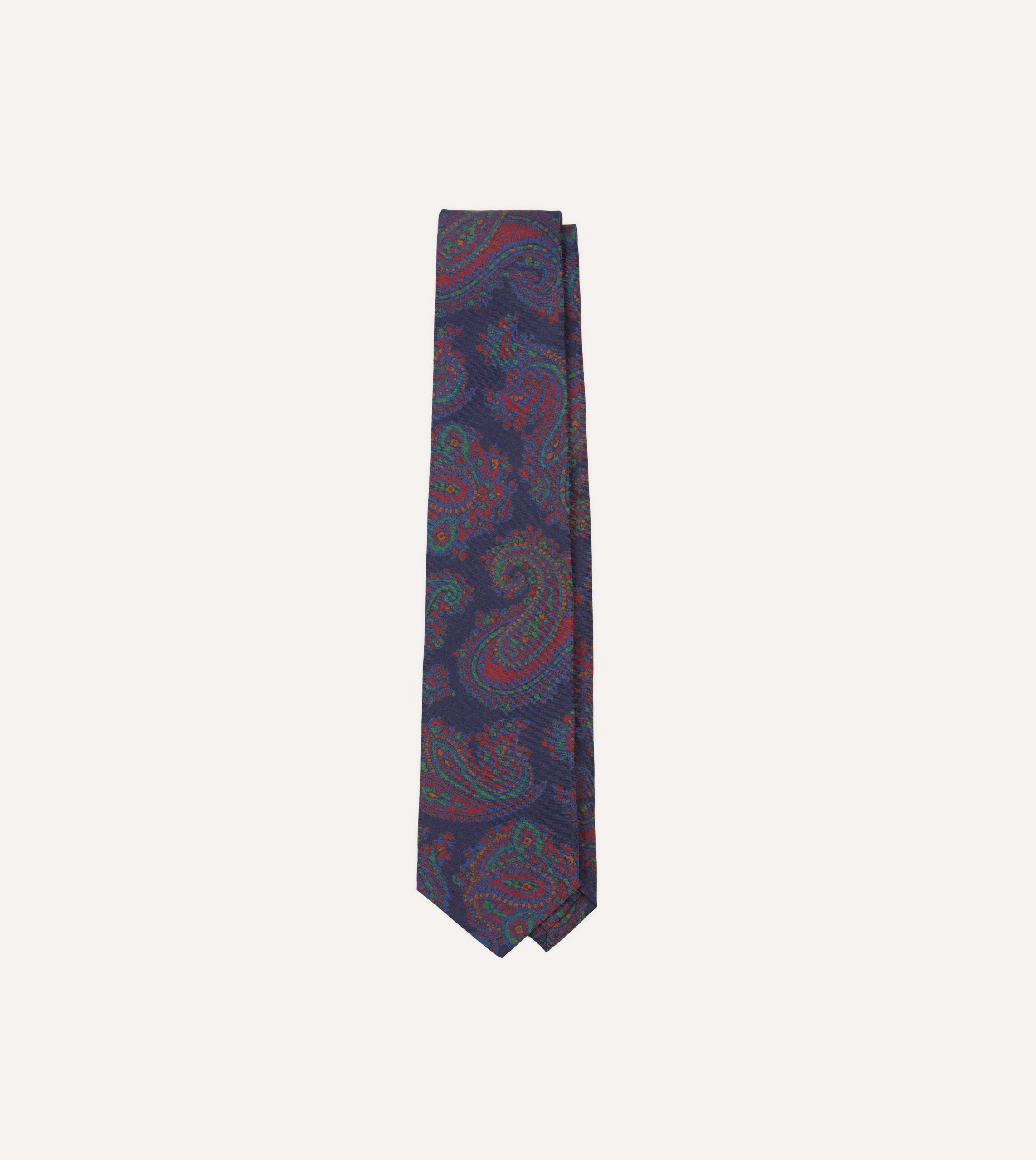 Navy Large Paisley Print Madder Silk Self-Tipped Tie